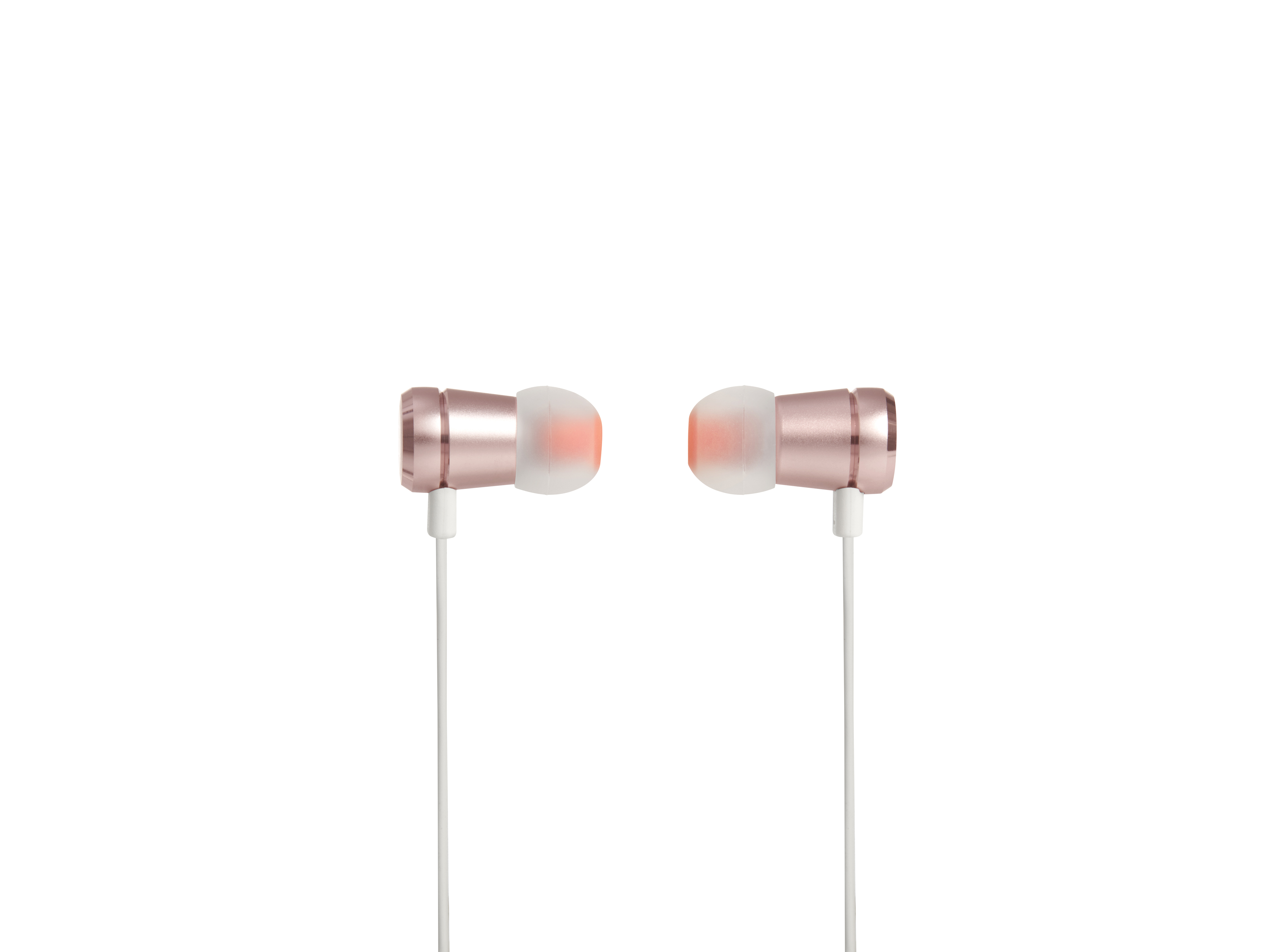 Słuchawki w kolorze różowego złota z białym przewodem. Białe tło.