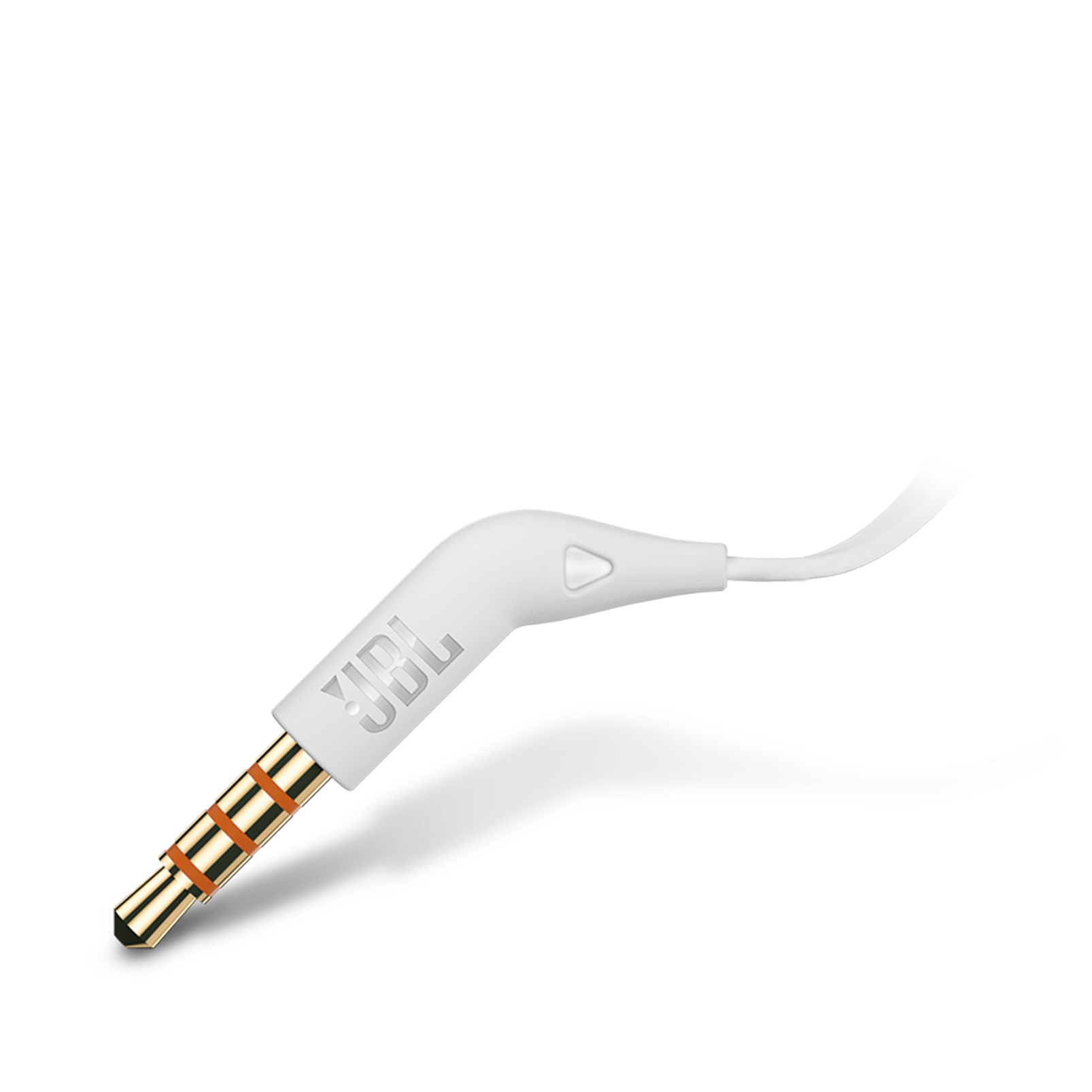 Jack per cuffie bianco e oro con cavo bianco su sfondo nero.