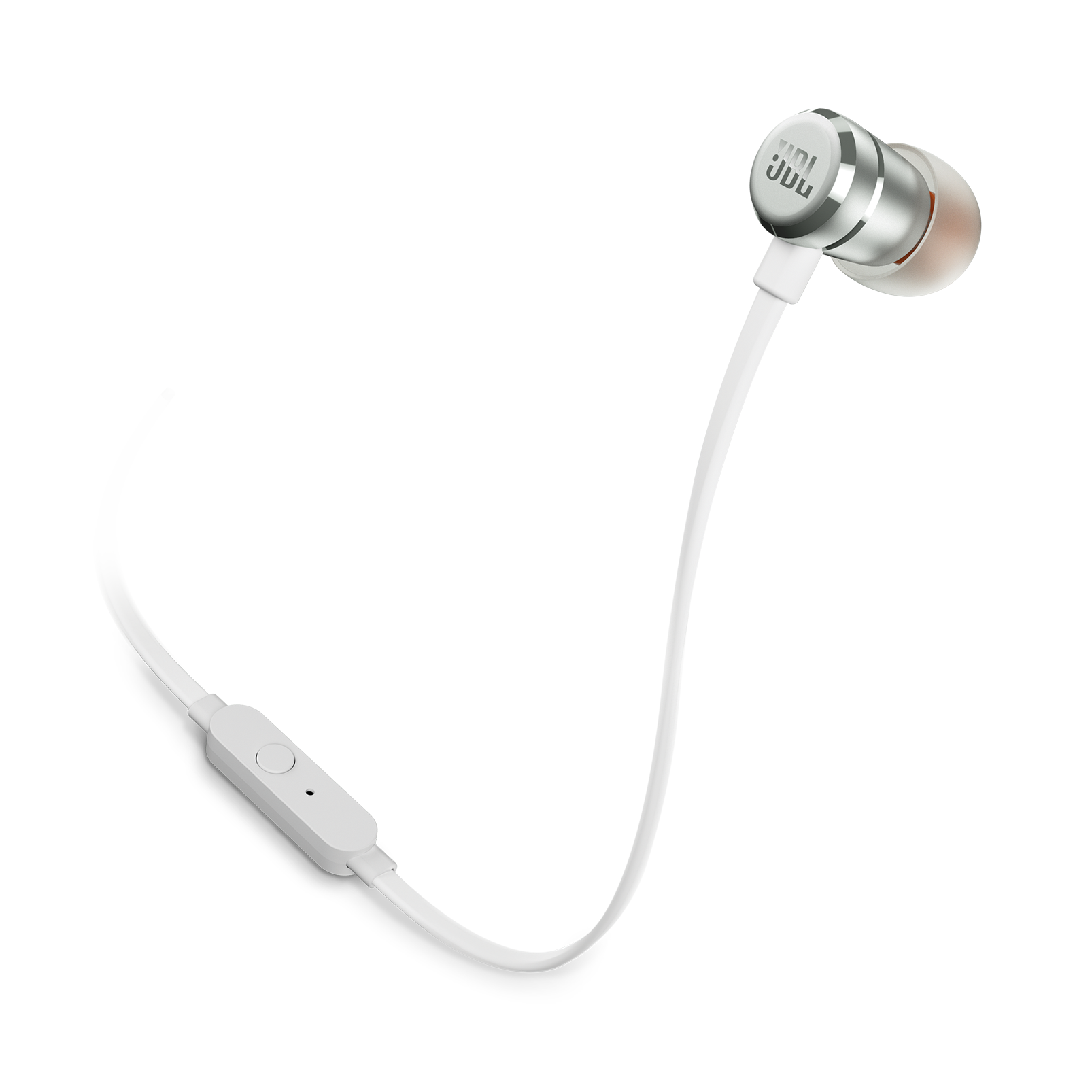 Auricolari cablati bianchi con dettagli argentati e un controllo. Sfondo nero.