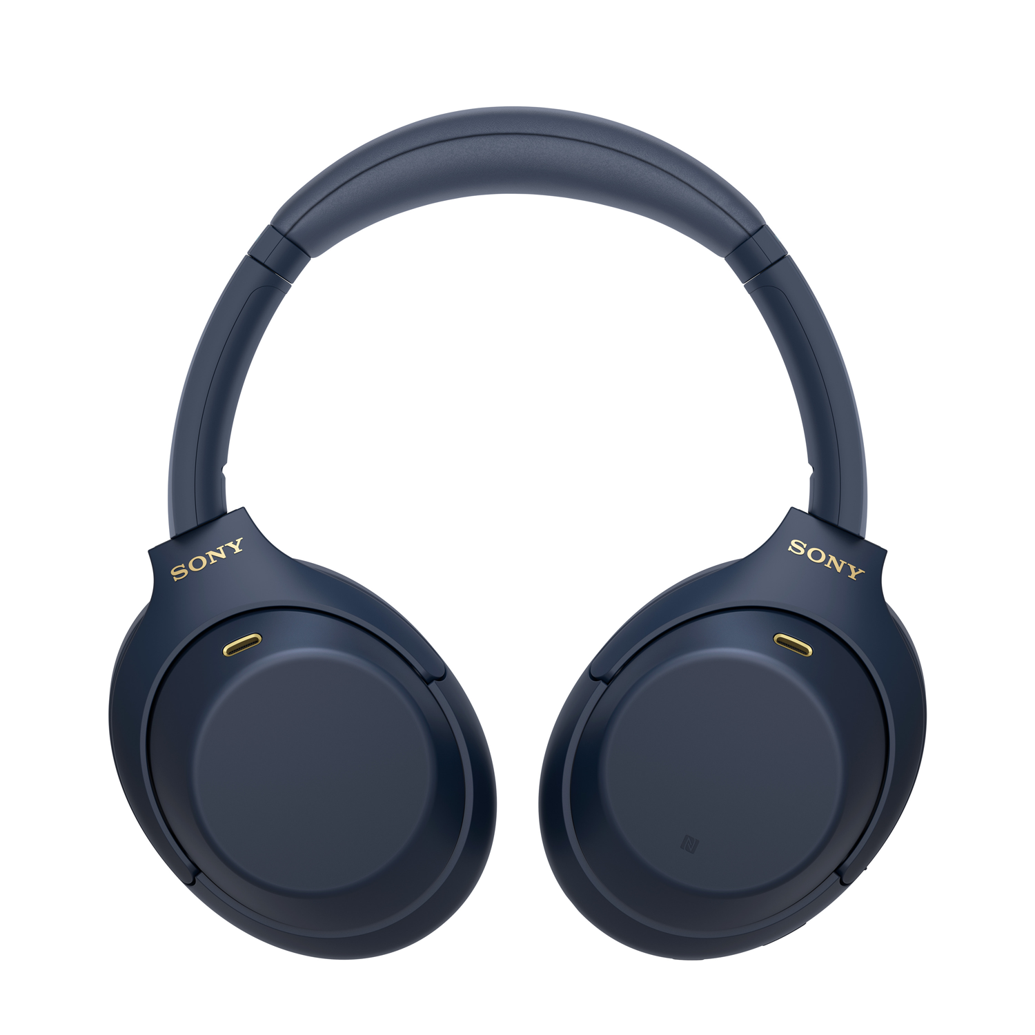 Granatowe słuchawki Sony ze złotymi napisami, na białym tle.