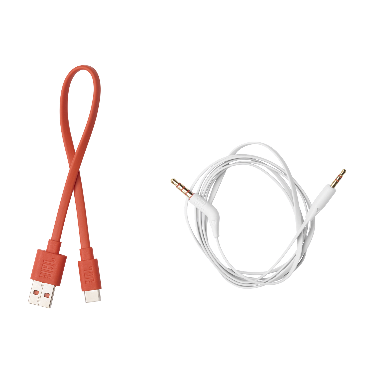 Dwa kable: jeden pomarańczowy USB do USB-C, jeden biały AUX. Czarne tło.