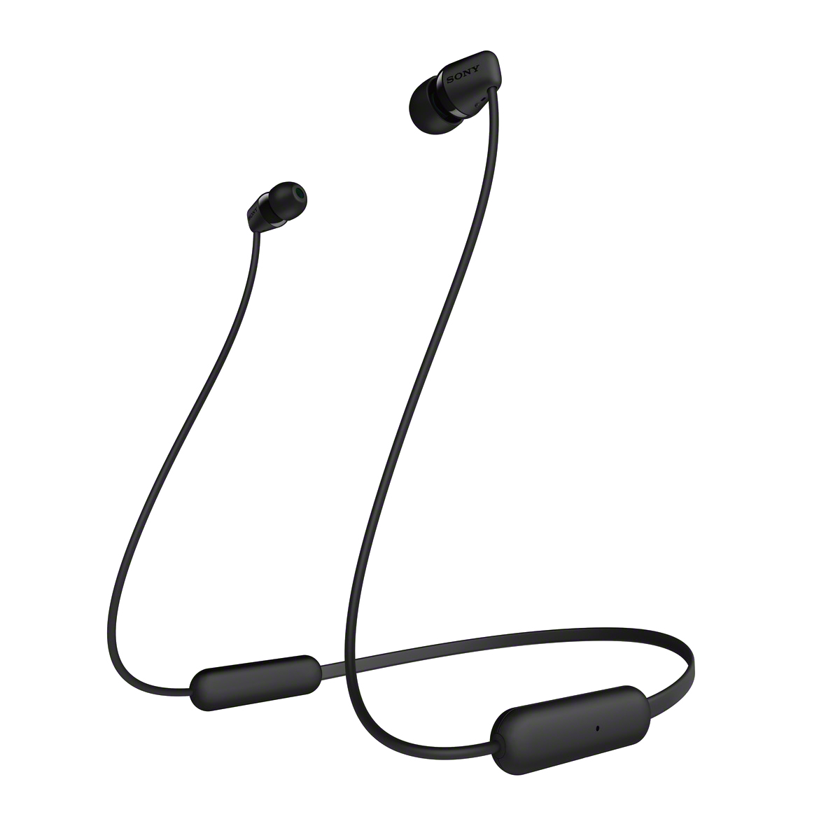 Czarne bezprzewodowe słuchawki douszne z przewodem łączącym, prosty design na białym tle.