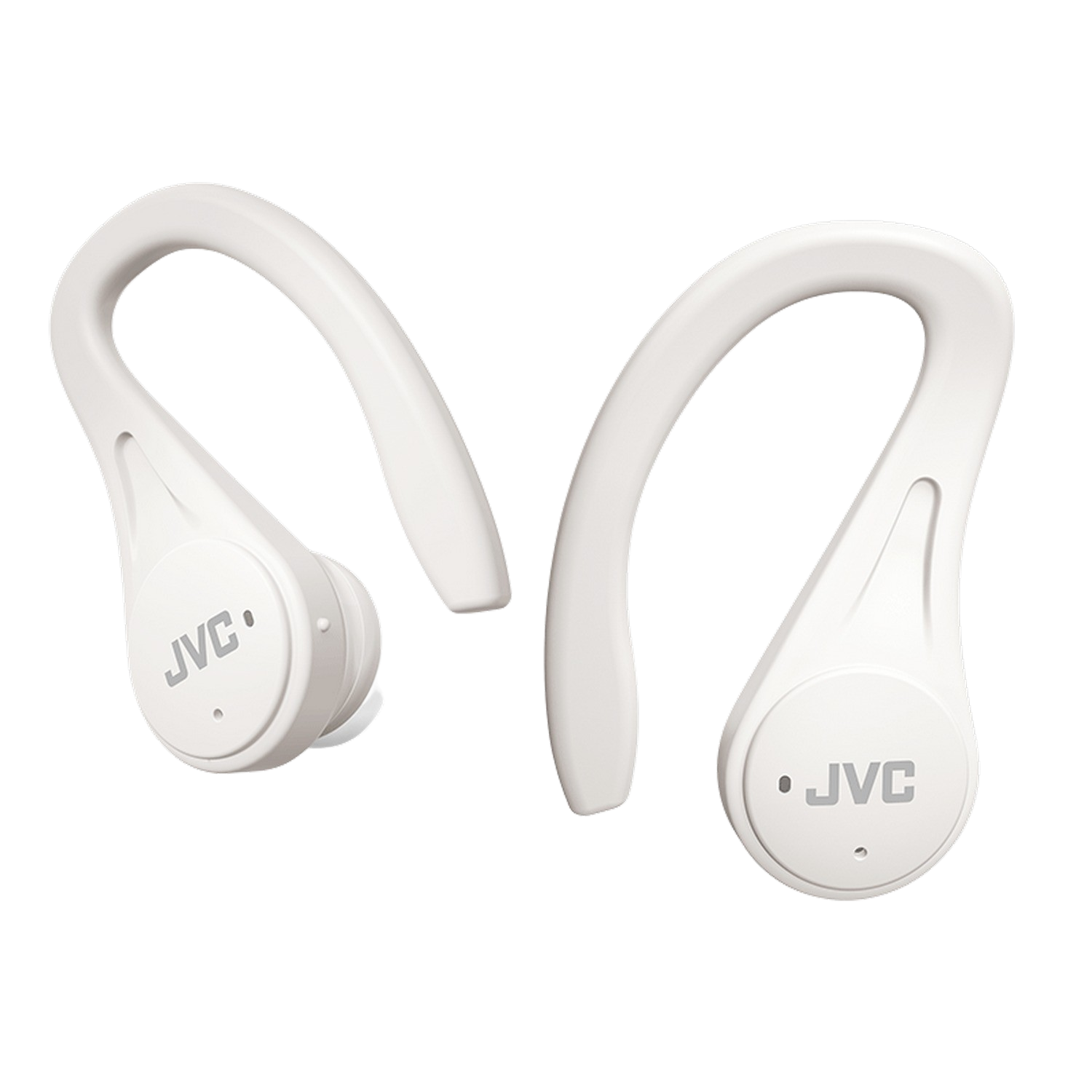 Białe bezprzewodowe słuchawki douszne JVC z zaczepami na uszy. Słuchawki znajdują się na ciemnym tle.