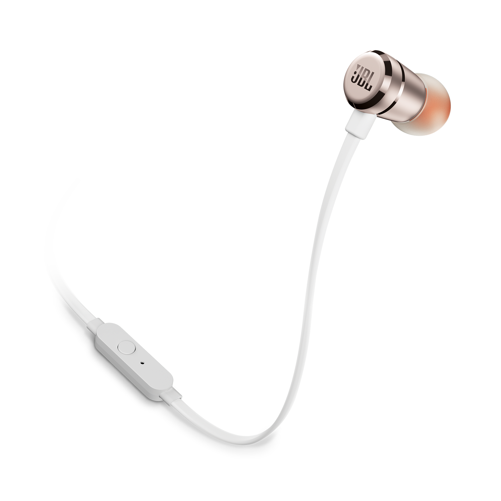 Białe i złote słuchawki JBL z panelem sterowania, na czarnym tle.