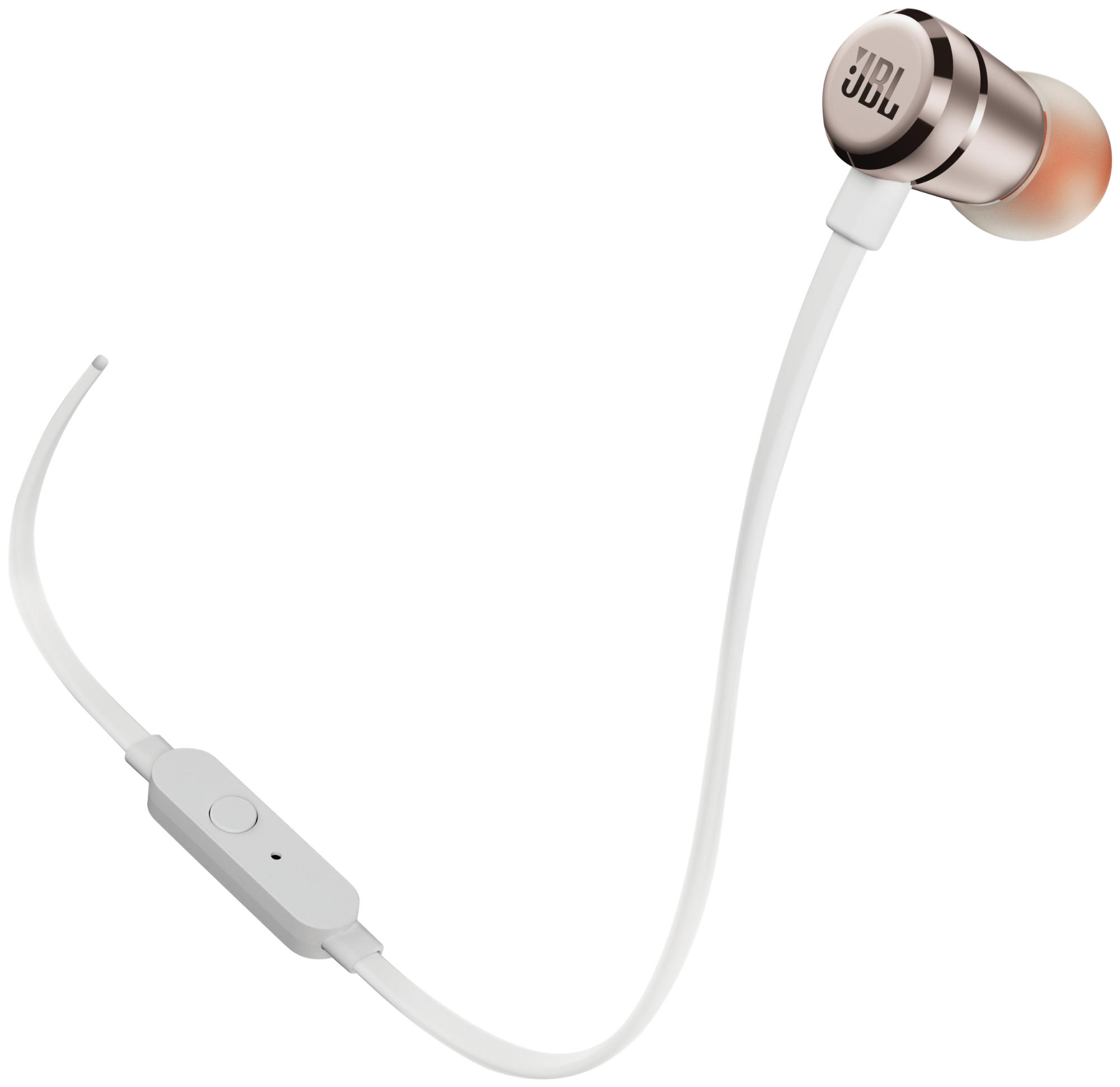 Białe słuchawki z srebrną słuchawką i białym pilotem. Przewód jest biały.