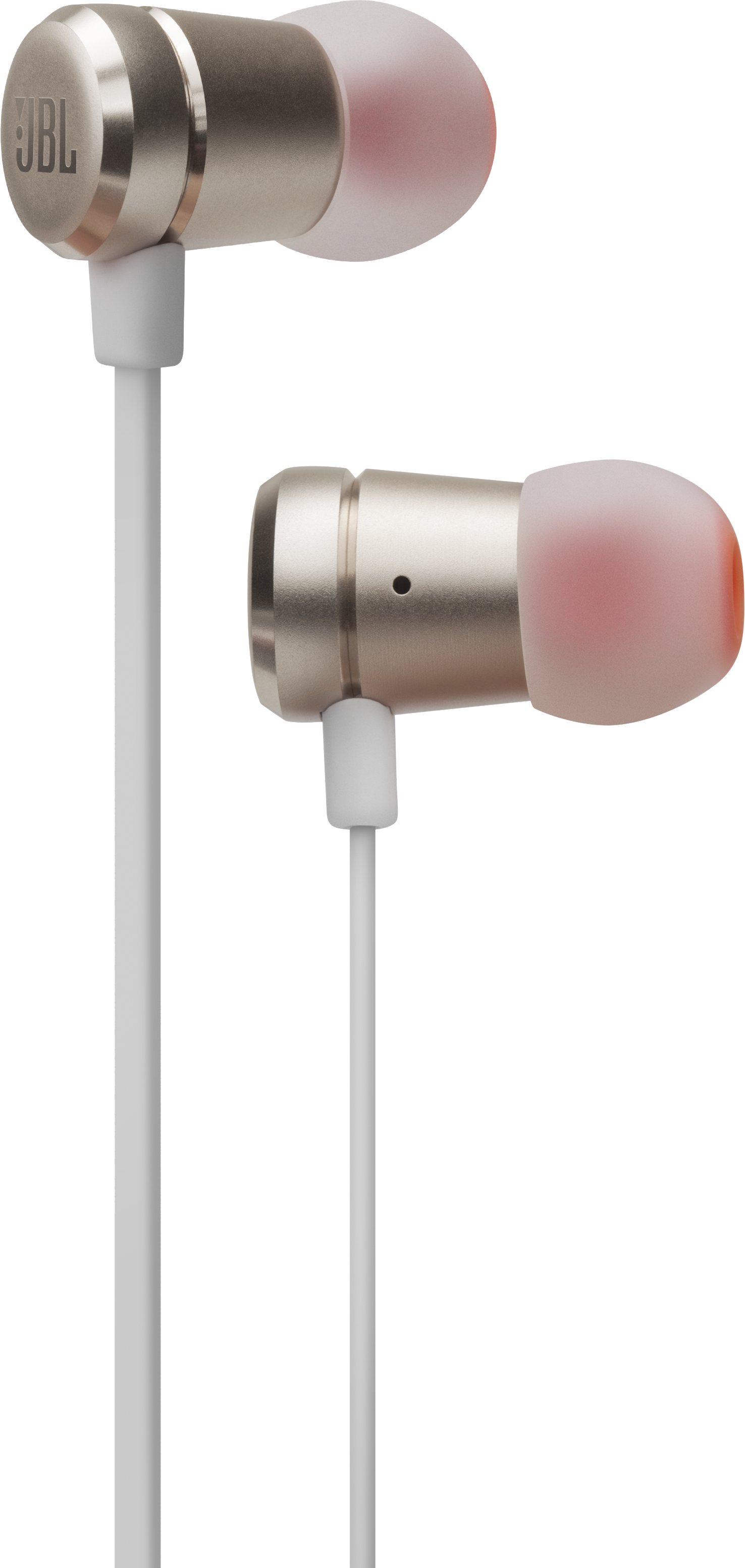 Srebrne słuchawki douszne z białymi przewodami i pomarańczowymi końcówkami, na czarnym tle.