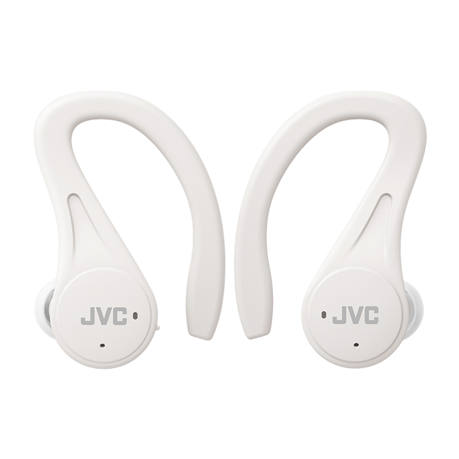 Dwa białe słuchawki JVC o zakrzywionym kształcie, na czarnym tle.