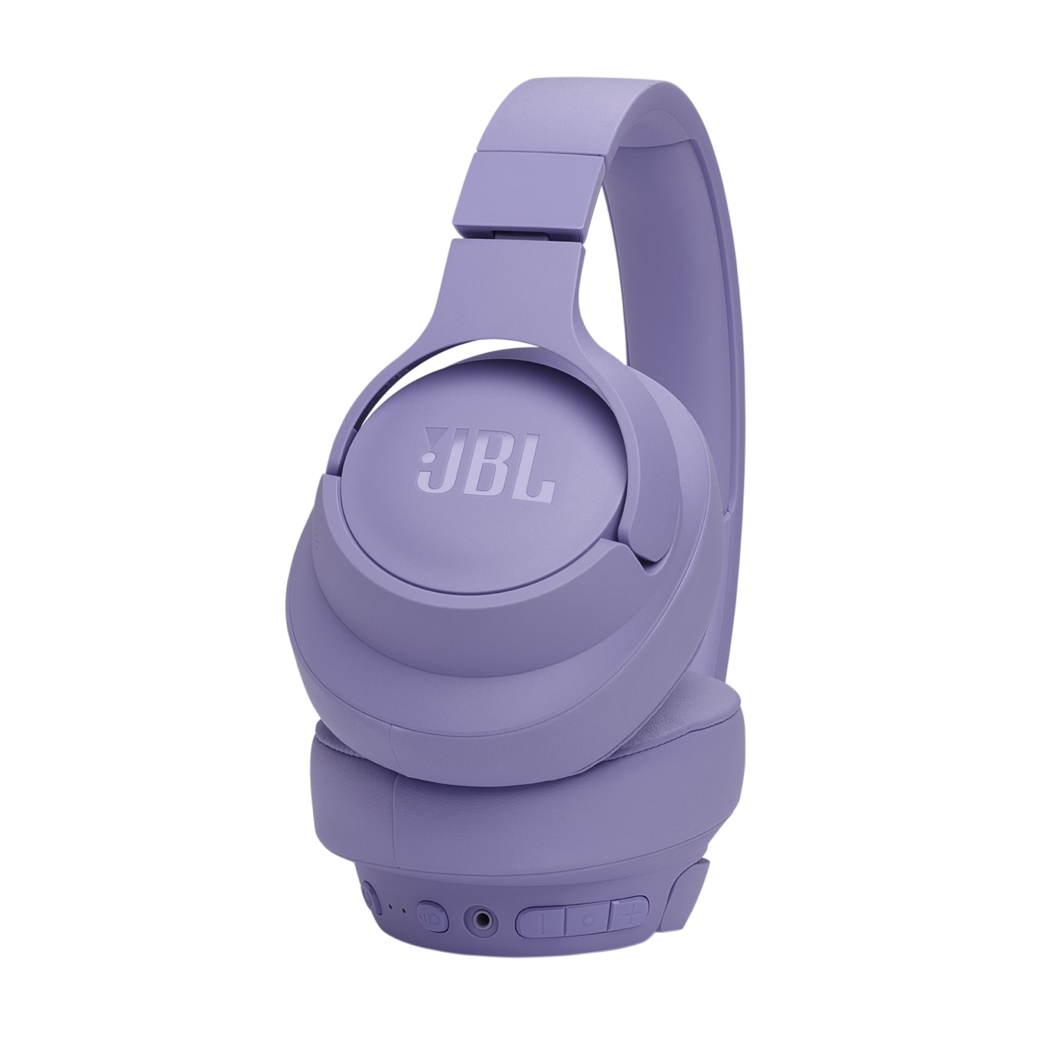 Cuffie JBL viola, vista angolata. Le cuffie hanno il logo JBL. Sfondo nero.