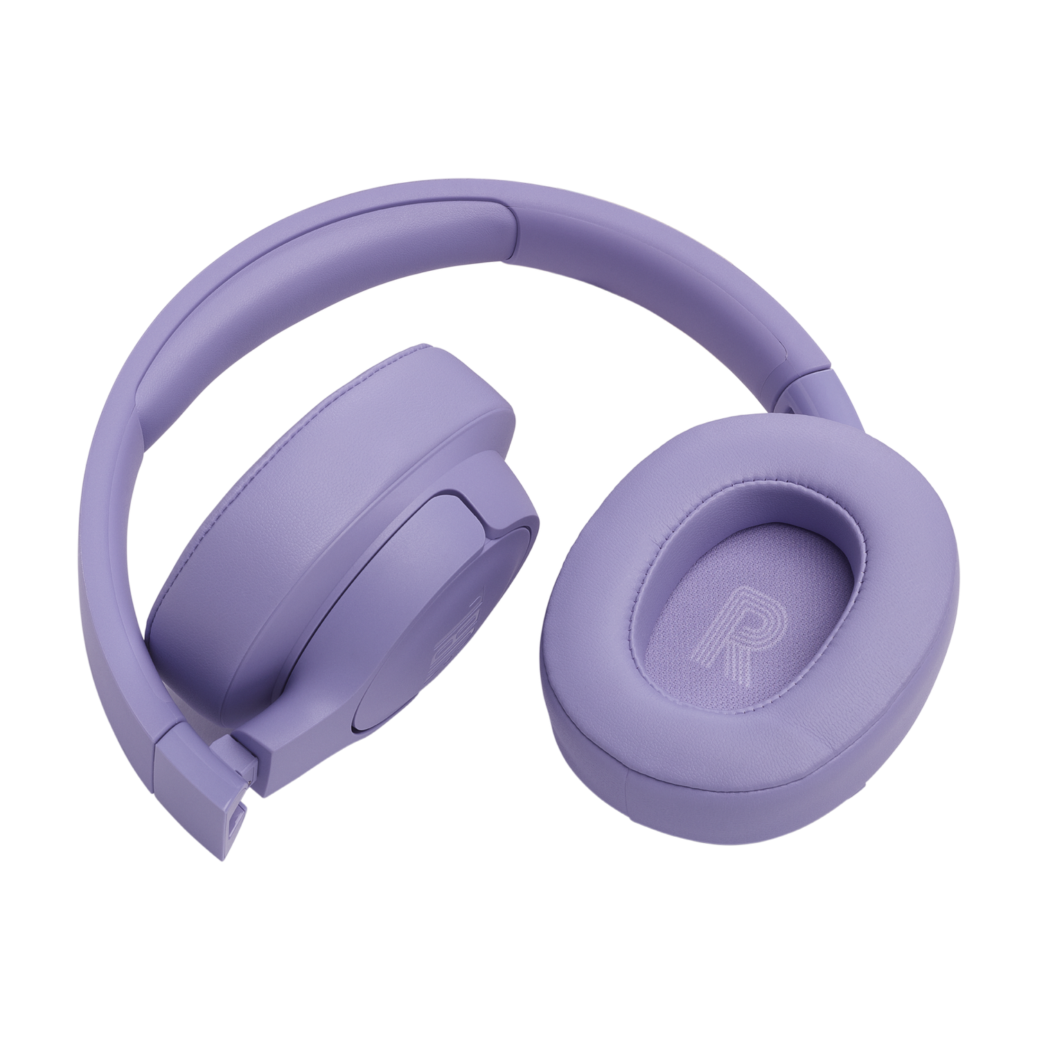 Cuffie viola piegate, con il logo JBL visibile sui padiglioni, su superficie nera.