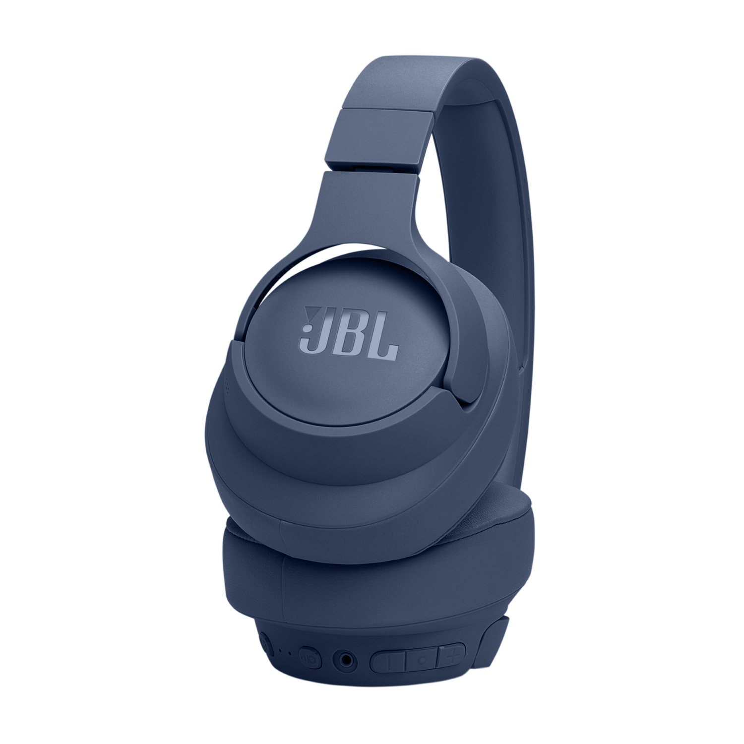 Auriculares JBL azules, sobre la oreja, fondo negro. Controles abajo.