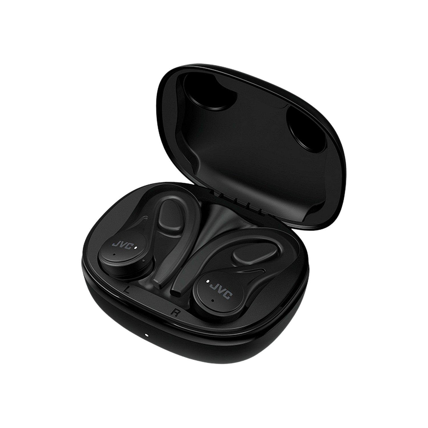 Czarne słuchawki JVC w czarnym etui ładującym, otwarte. Czarne tło.