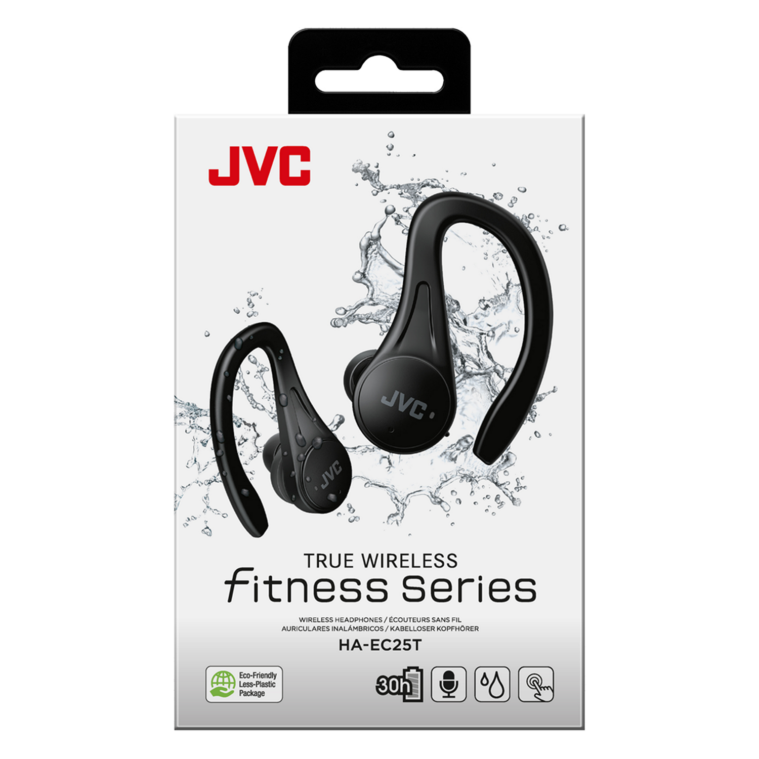 Czarne słuchawki sportowe JVC true wireless w opakowaniu. Tło to gradient.