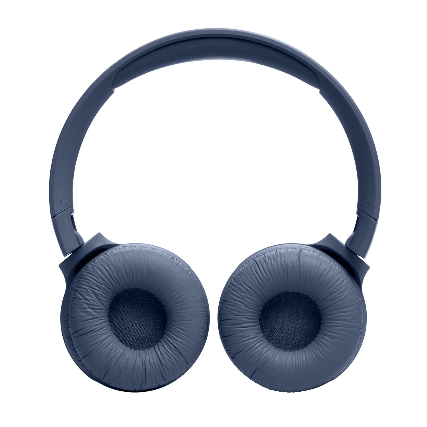 Niebieskie słuchawki na czarnym tle. Nauszniki są okrągłe i mają teksturowaną powierzchnię.