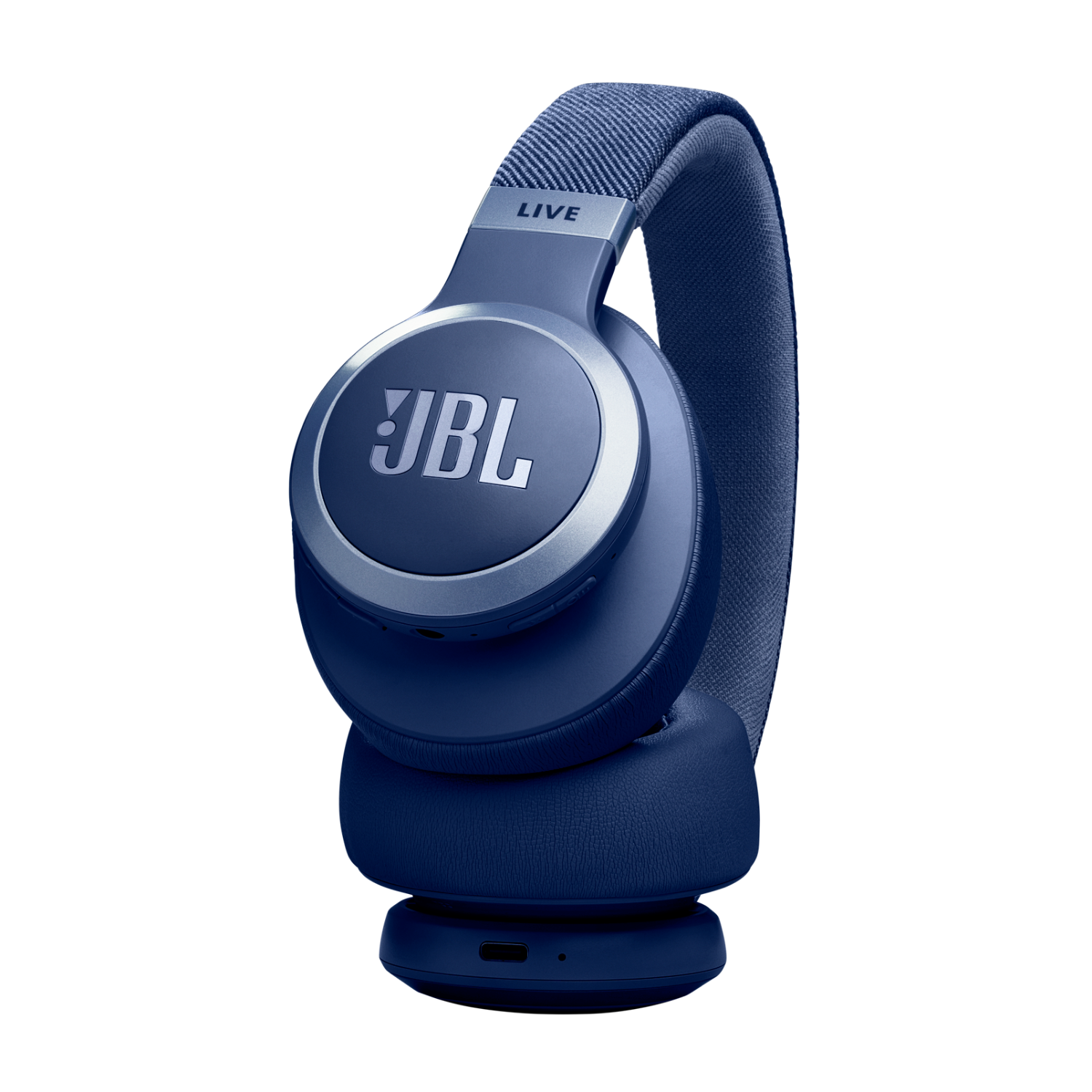 Cuffie JBL blu su sfondo nero. Logo e dettagli argento. 'LIVE' sull'archetto.