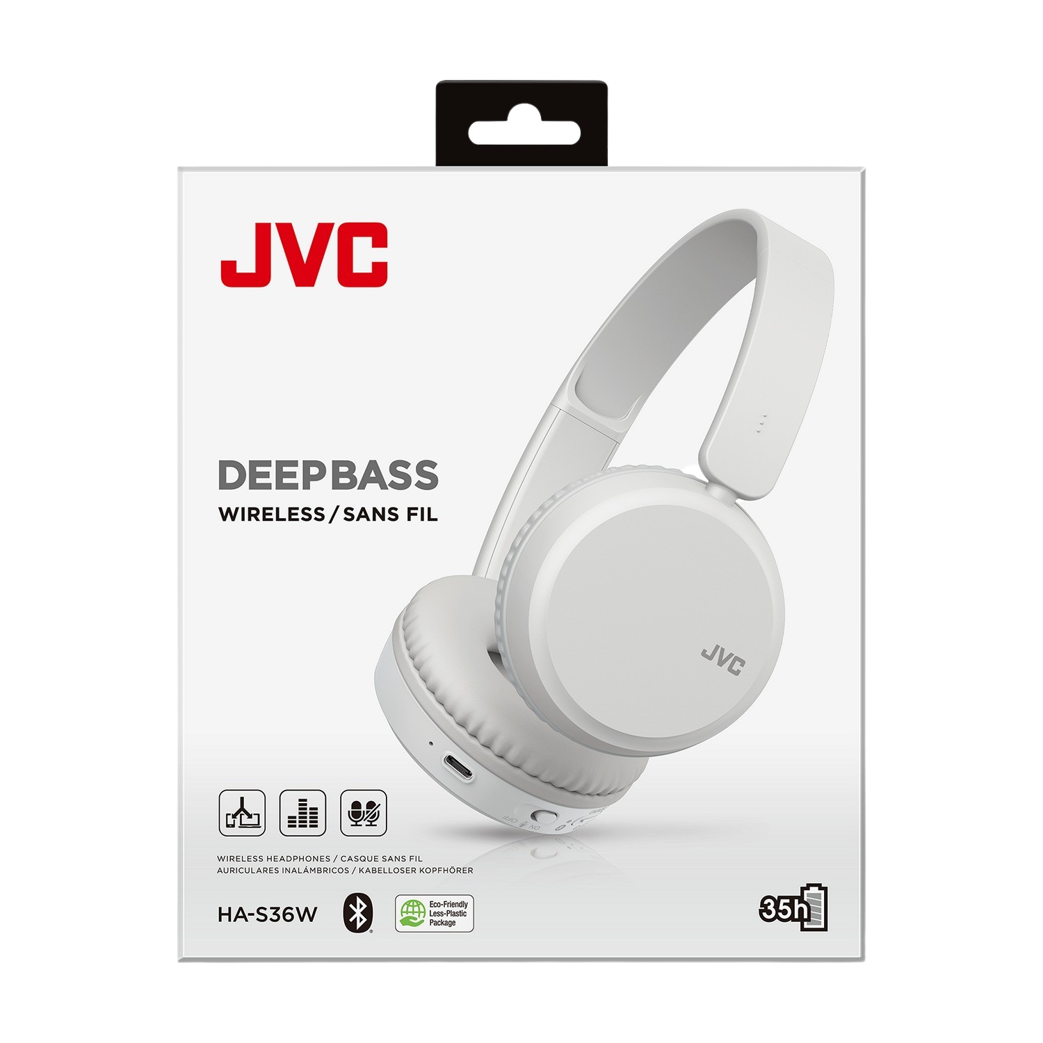 Białe słuchawki JVC w białym pudełku ze słowem DEEP BASS. Czarne tło.