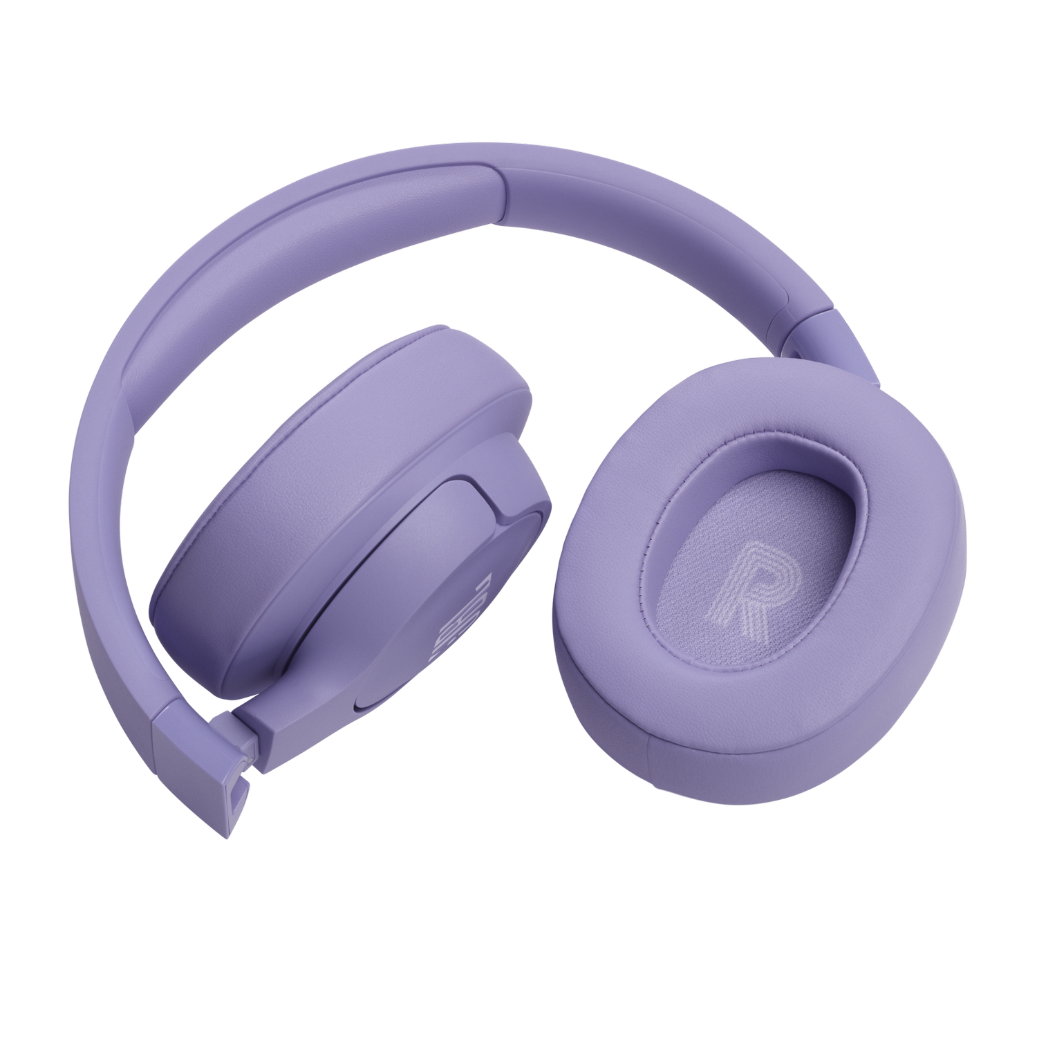 Złożone, jasnofioletowe słuchawki. Nausznicami skierowane do góry, z widocznym 'R'.