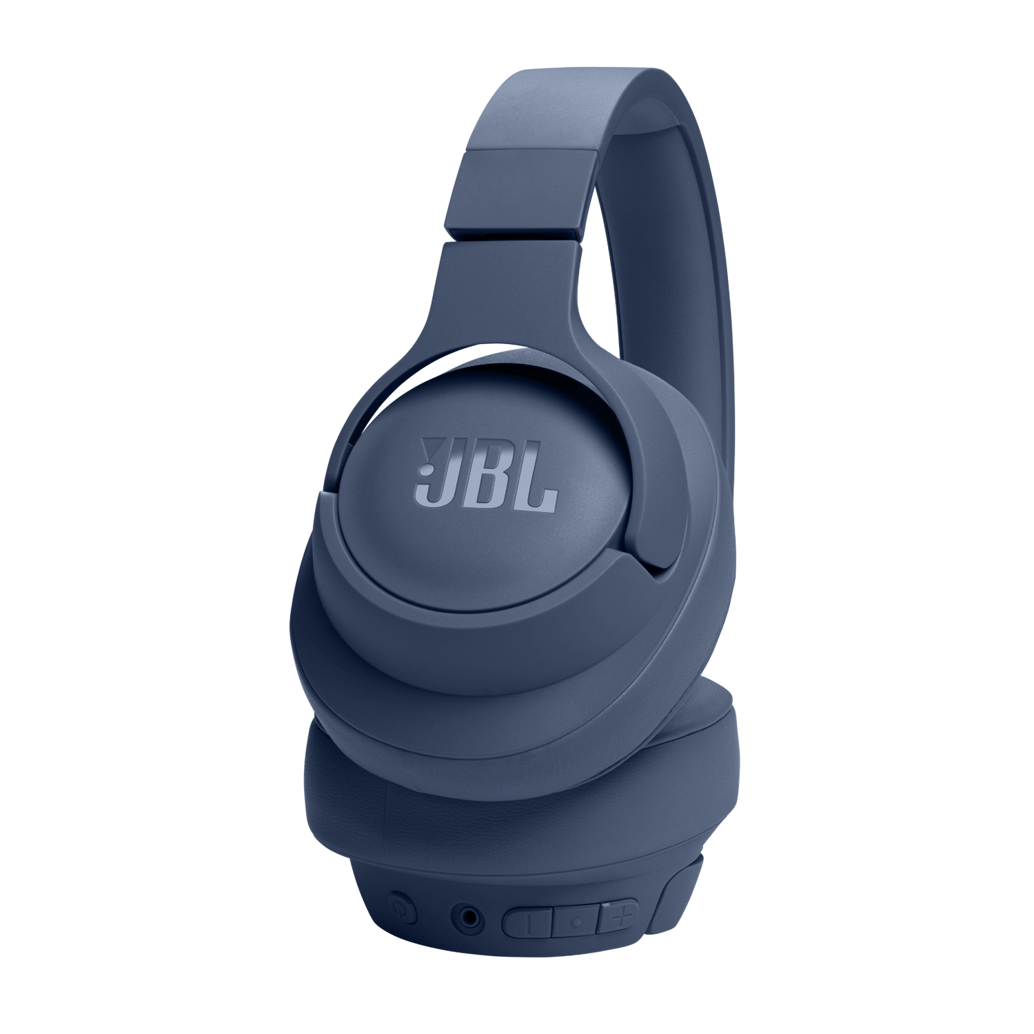 Para niebieskich słuchawek JBL, pod kątem, na czarnym tle.