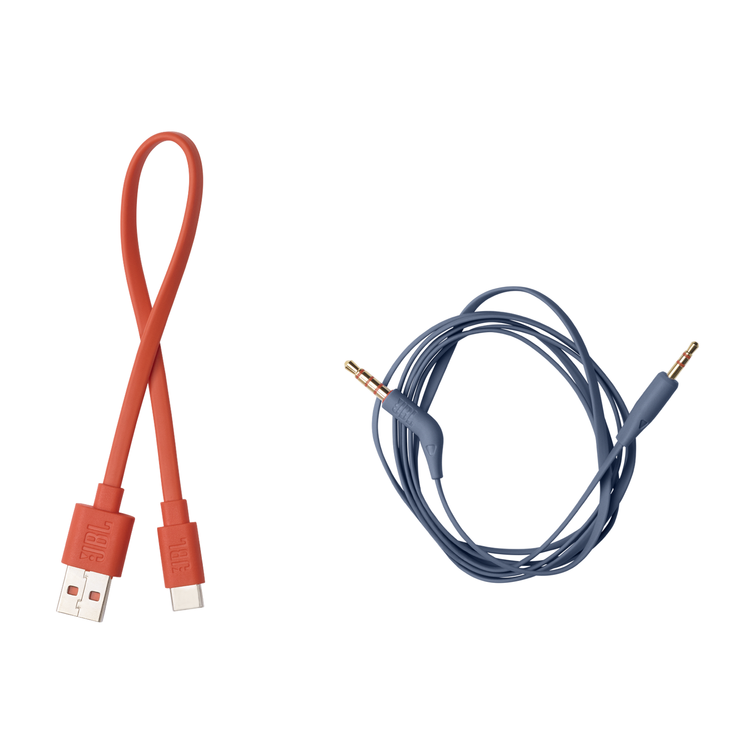 Dwa kable: pomarańczowy USB do USB-C i niebieski kabel audio ze złotymi wtykami.