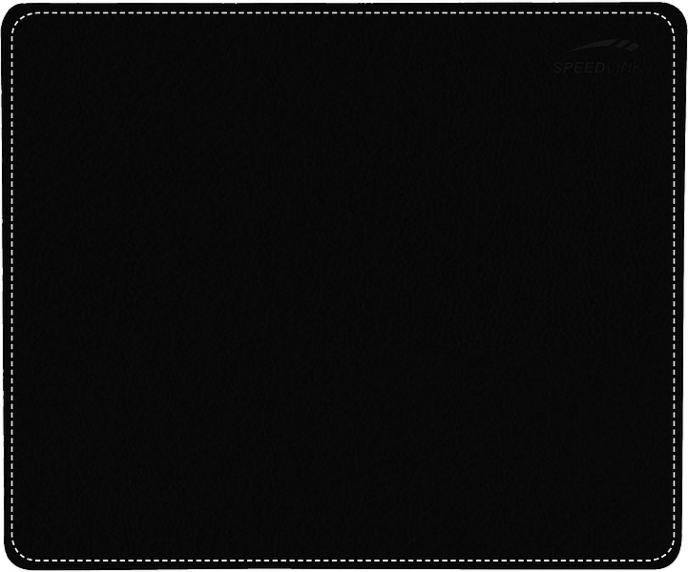Ein schwarzes Mauspad mit weißem, gestepptem Rand. Das Speedlink-Logo befindet sich in der oberen rechten Ecke.