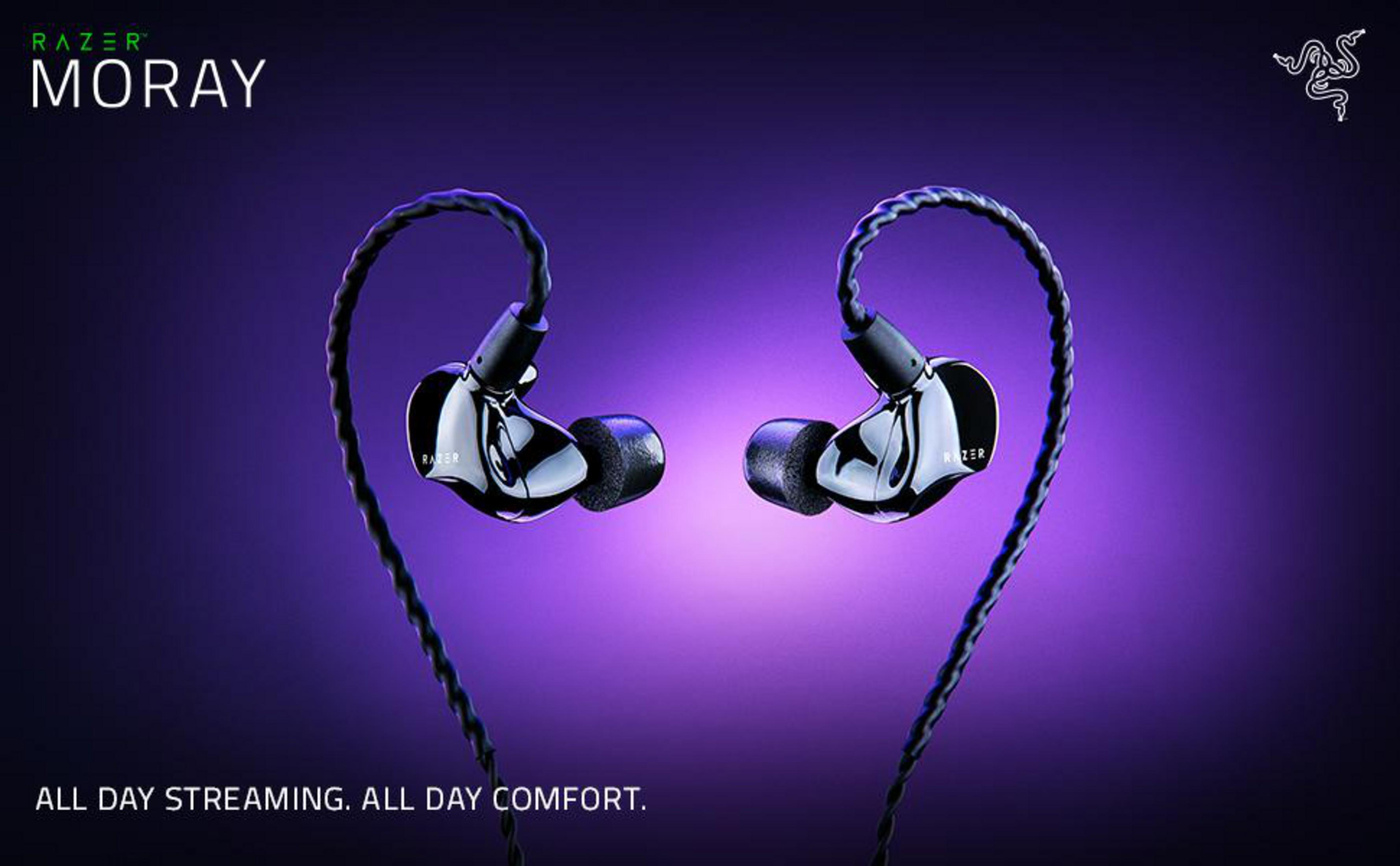 Auriculares Razer Moray negros con el logotipo de Razer en forma de corazón sobre fondo morado. Texto: All Day Streaming.