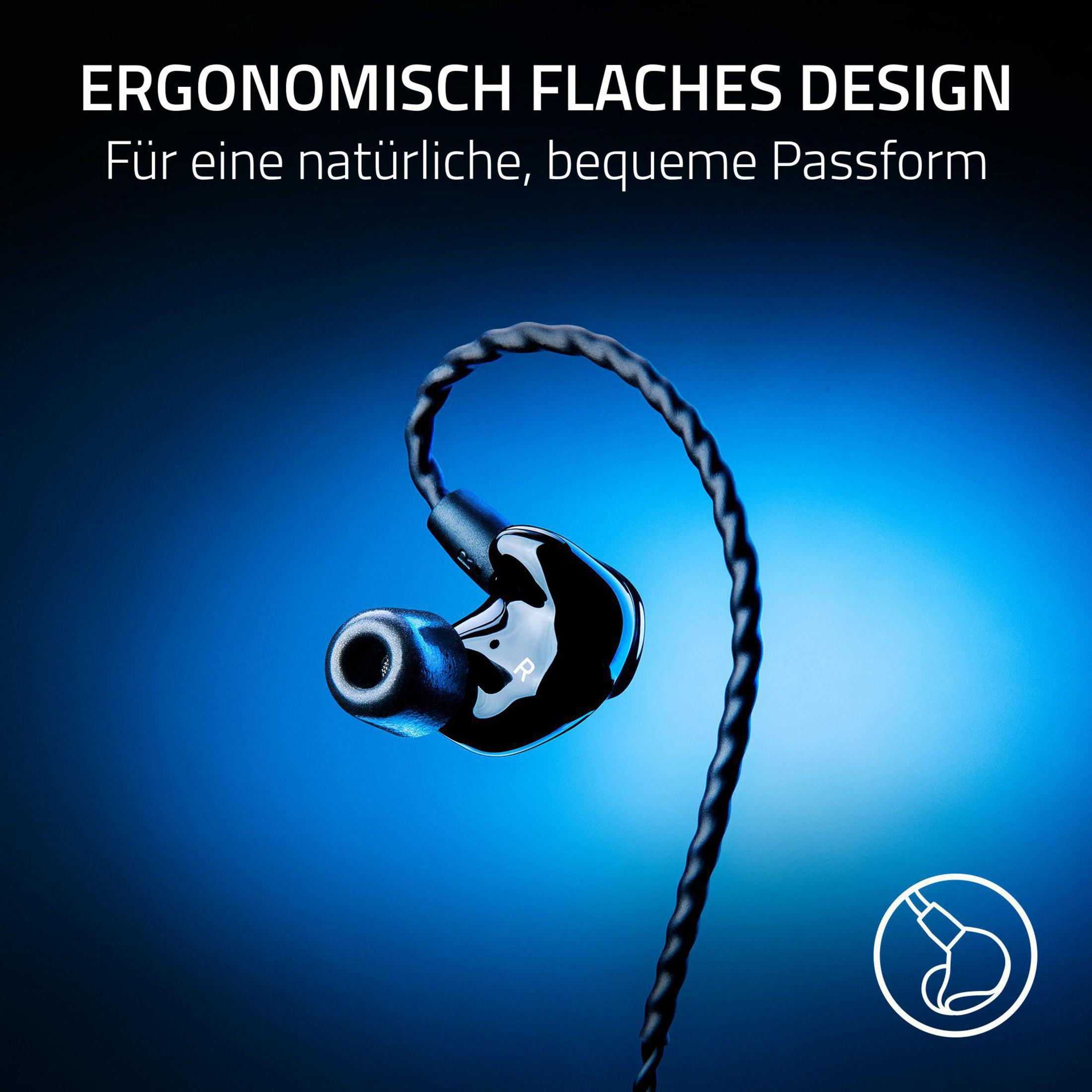 Auriculares internos negros con cable curvado. Texto: Diseño plano ergonómico para un ajuste cómodo.