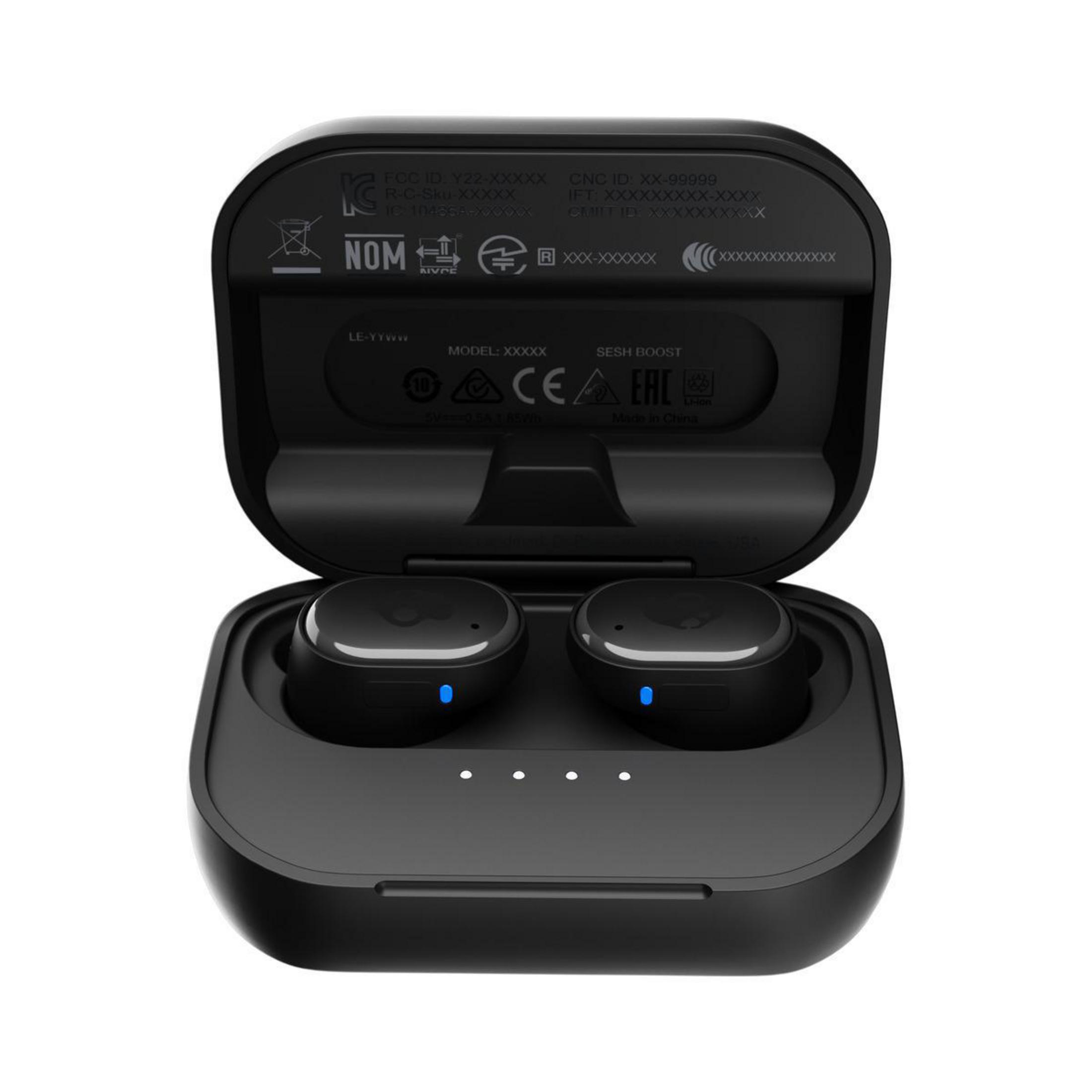 Black earbuds in a charging case. The case is open, revealing the earbuds inside.