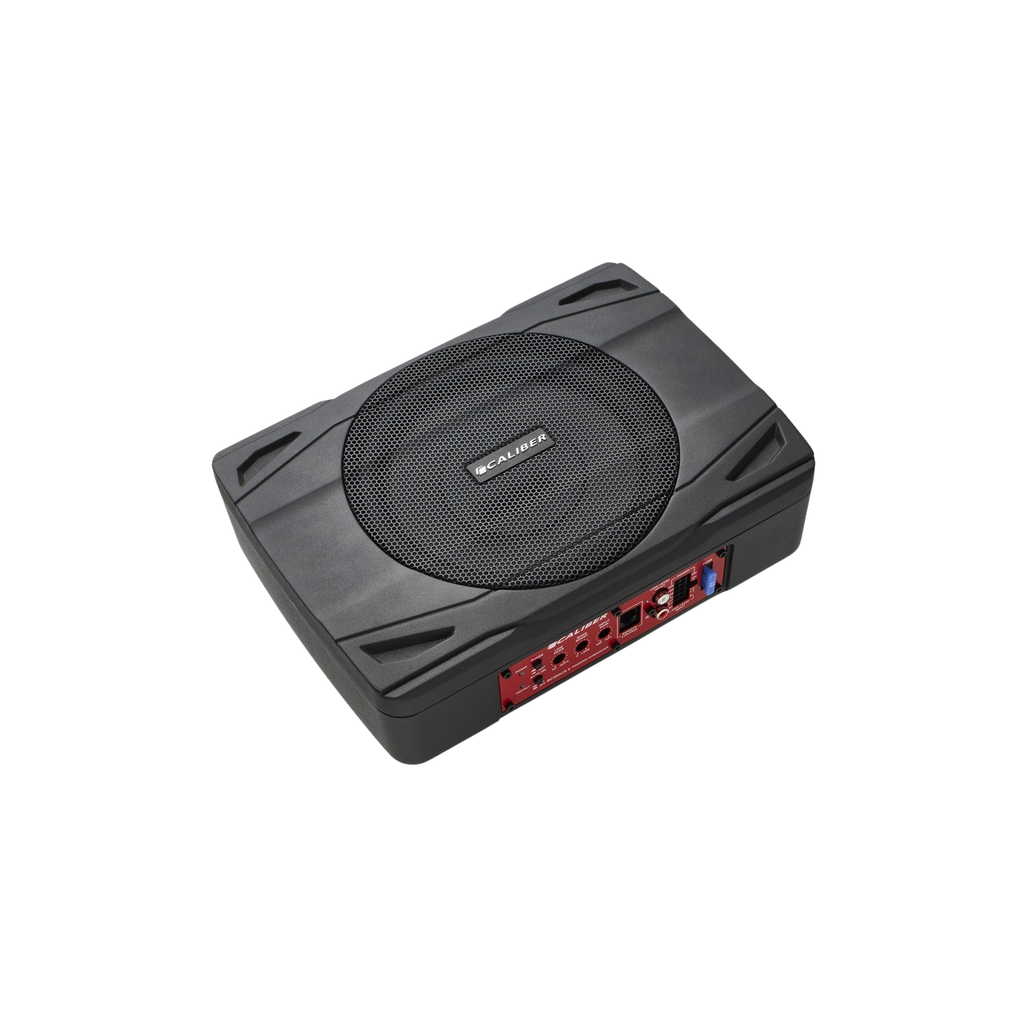 Schwarzer Subwoofer mit einem Mesh-Grill auf schwarzem Hintergrund.