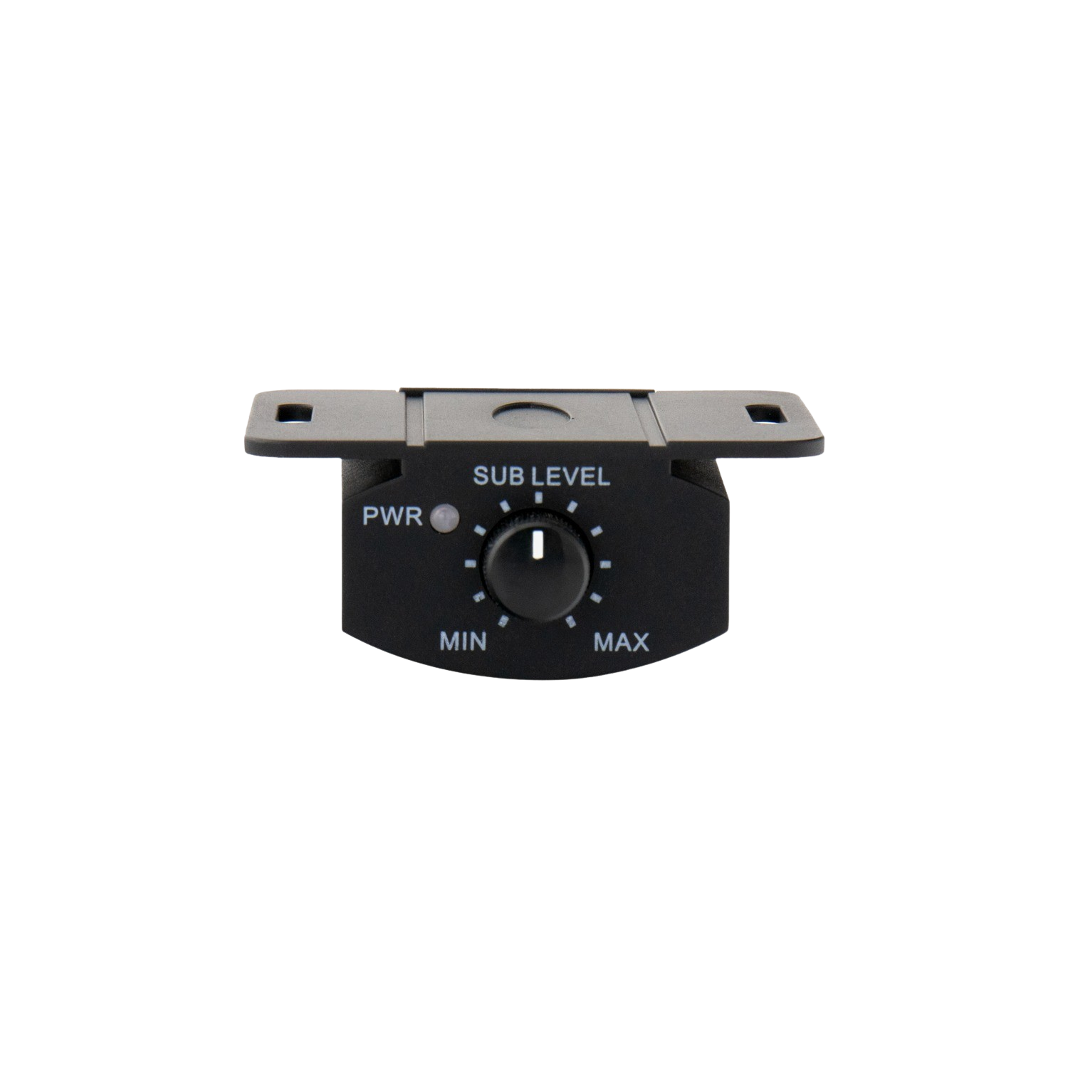 Schwarzer Subwoofer-Pegelregler. Knopf mit 'MIN' und 'MAX'. 'PWR' und 'SUB LEVEL' Beschriftungen.