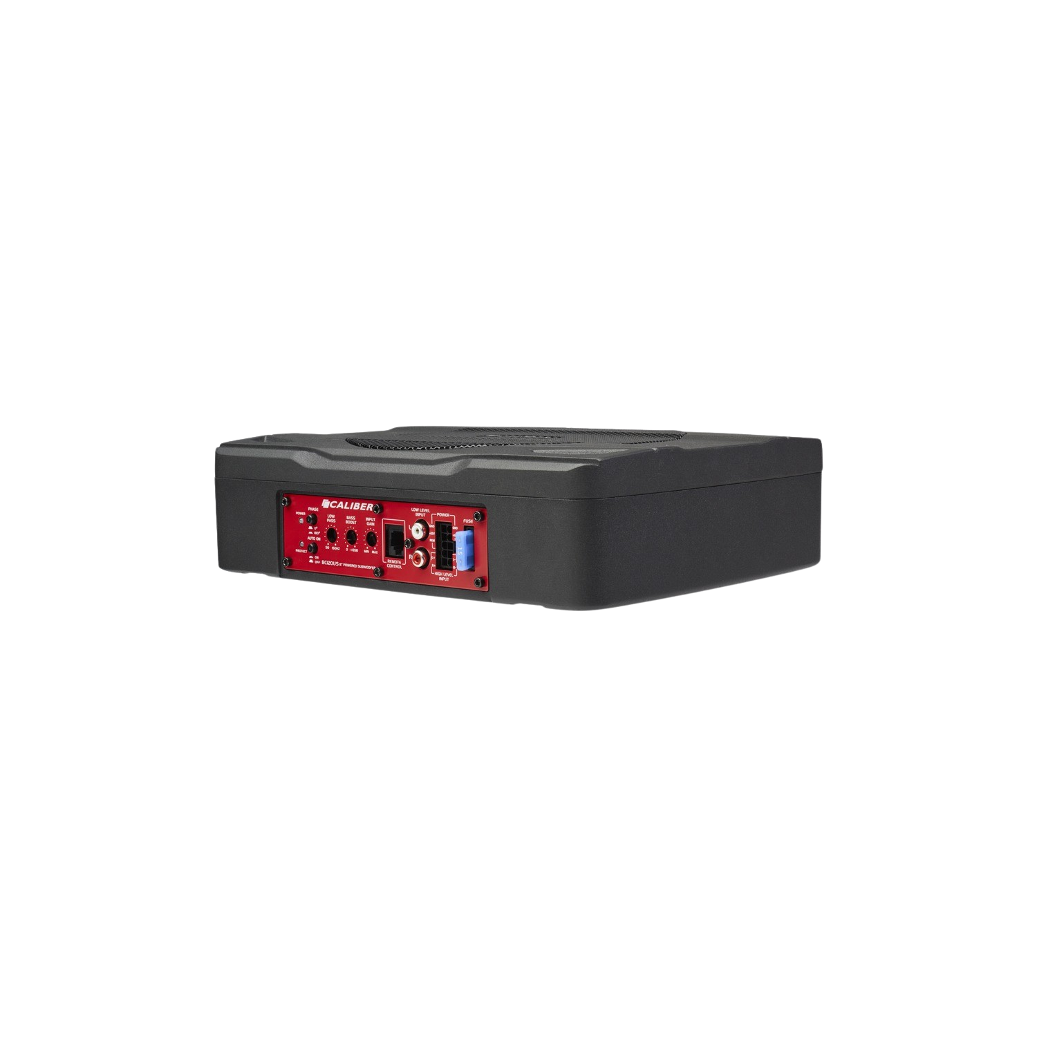 Schwarzer Subwoofer mit roten Details, schräge Ansicht. Es hat Eingangs- und Ausgangsanschlüsse auf der Rückseite.