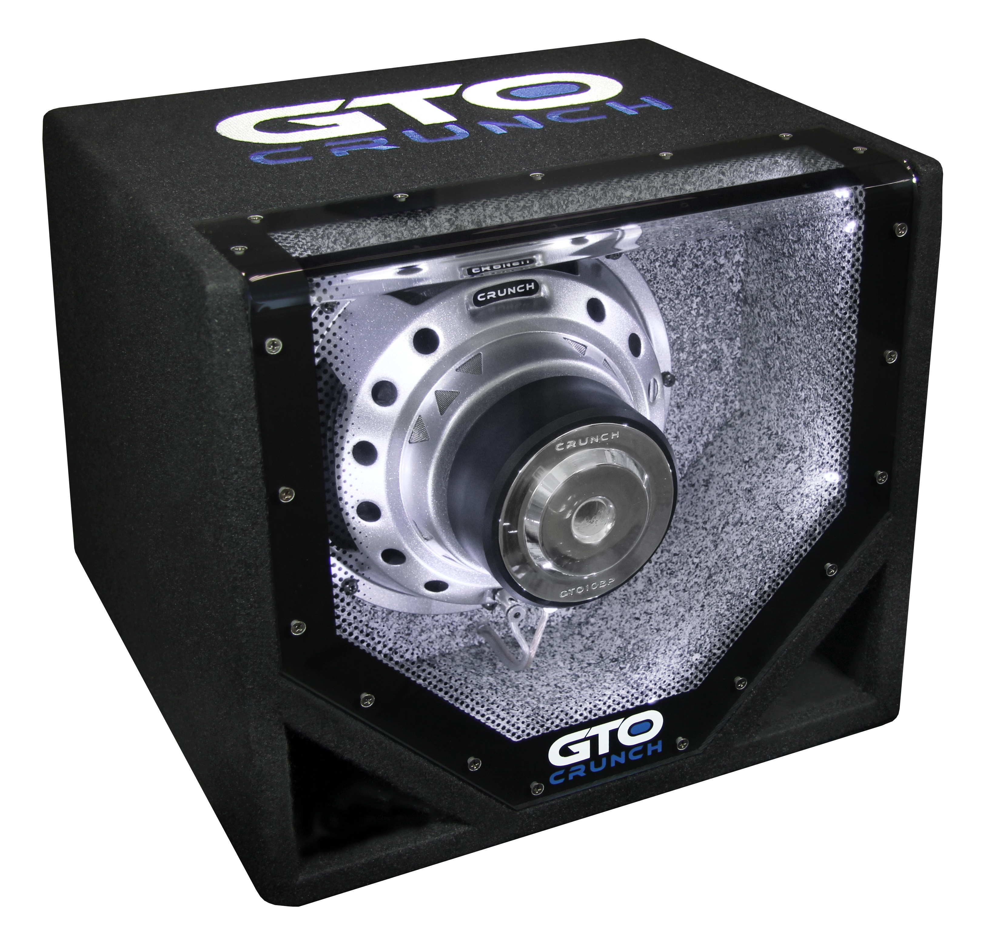 Ein schwarzer Subwoofer mit klarer Front, zeigt den Lautsprecher und das Crunch-Logo.