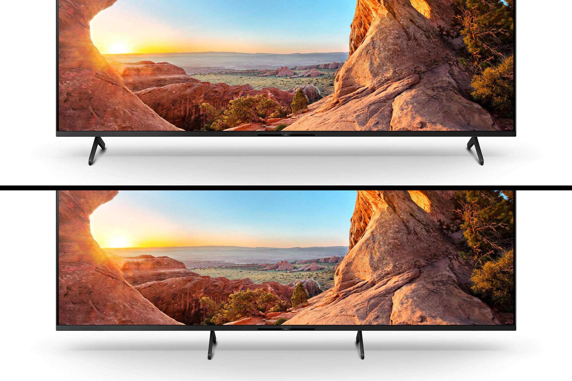 Dwa telewizory pokazują tę samą scenę krajobrazu z formacjami skalnymi. Jeden ma nogi, a drugi nie.