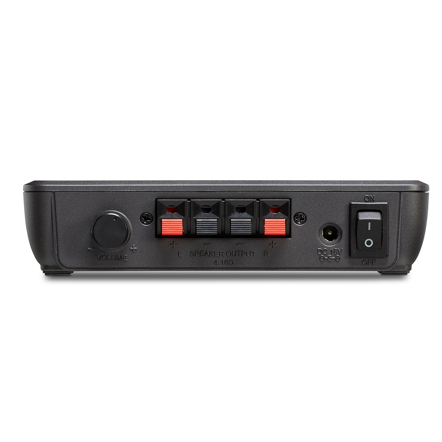 Vue arrière d'un amplificateur noir avec des ports de connexion et un interrupteur d'alimentation.