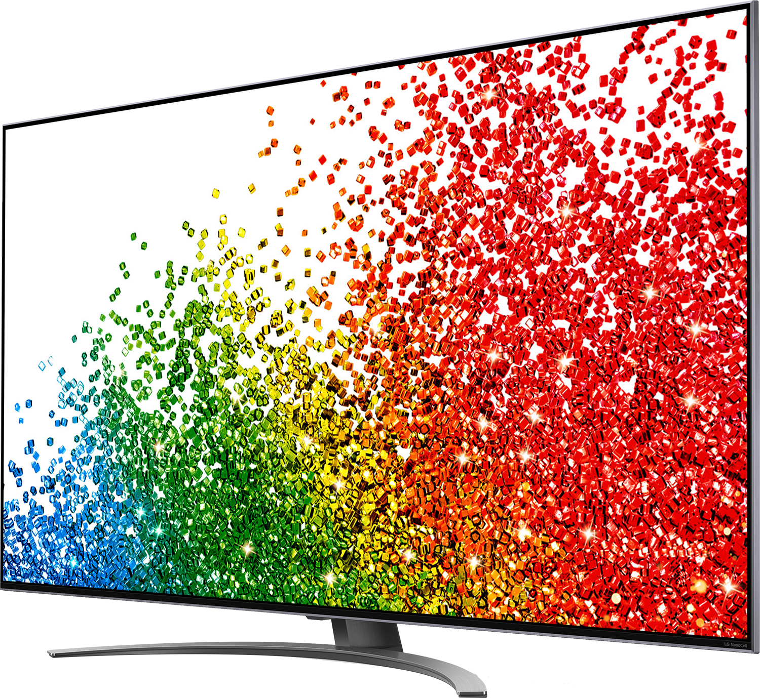 Duży telewizor LG wyświetlający kolorowe abstrakcyjne kształty. Srebrna ramka i podstawa na czarnym tle.