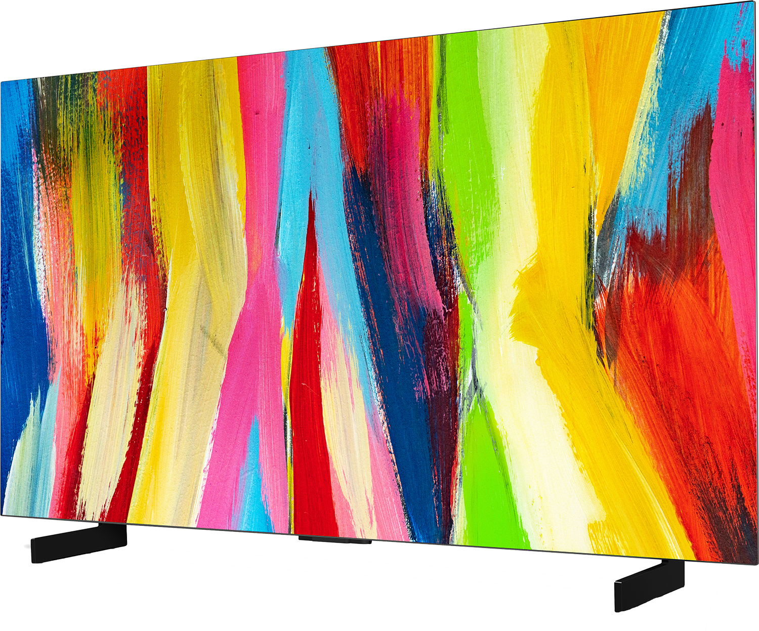 Duży telewizor OLED z kolorową sztuką abstrakcyjną na ekranie i czarnym stojakiem.