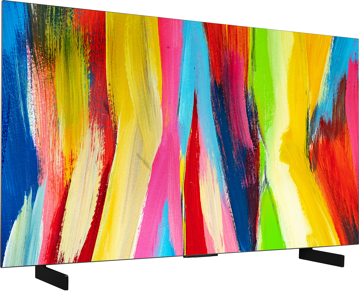 Ekran telewizora wyświetla kolorowe abstrakcyjne dzieło sztuki z różnymi pociągnięciami pędzla.