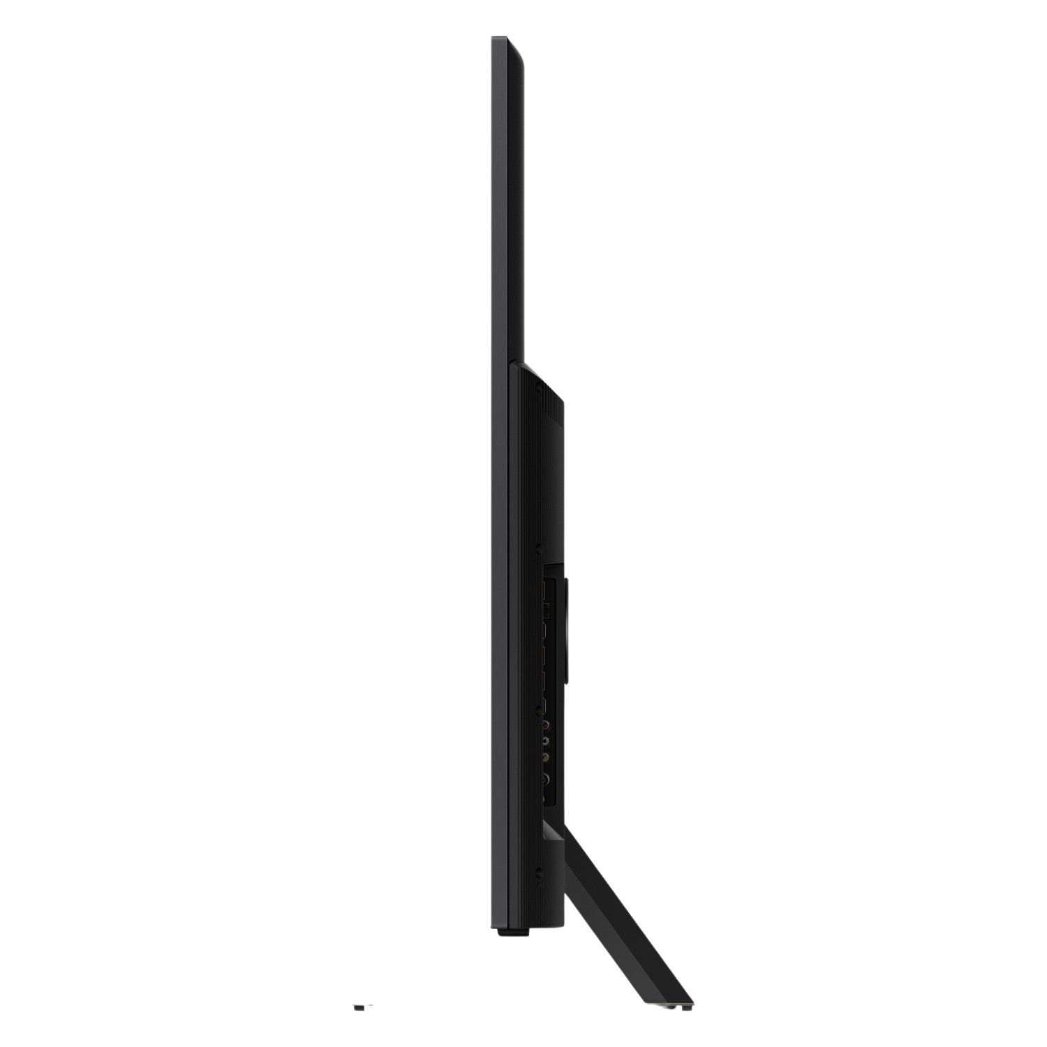 Vista lateral de un televisor negro delgado con soporte, sobre fondo negro, mostrando puertos.