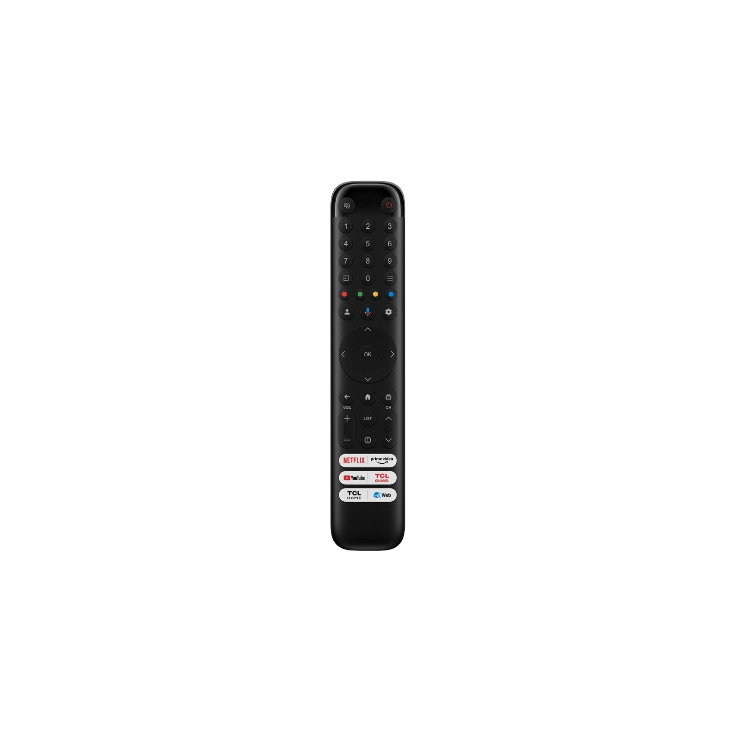 Mando a distancia negro de TV con botones, incluyendo logos de Netflix, YouTube, TCL.