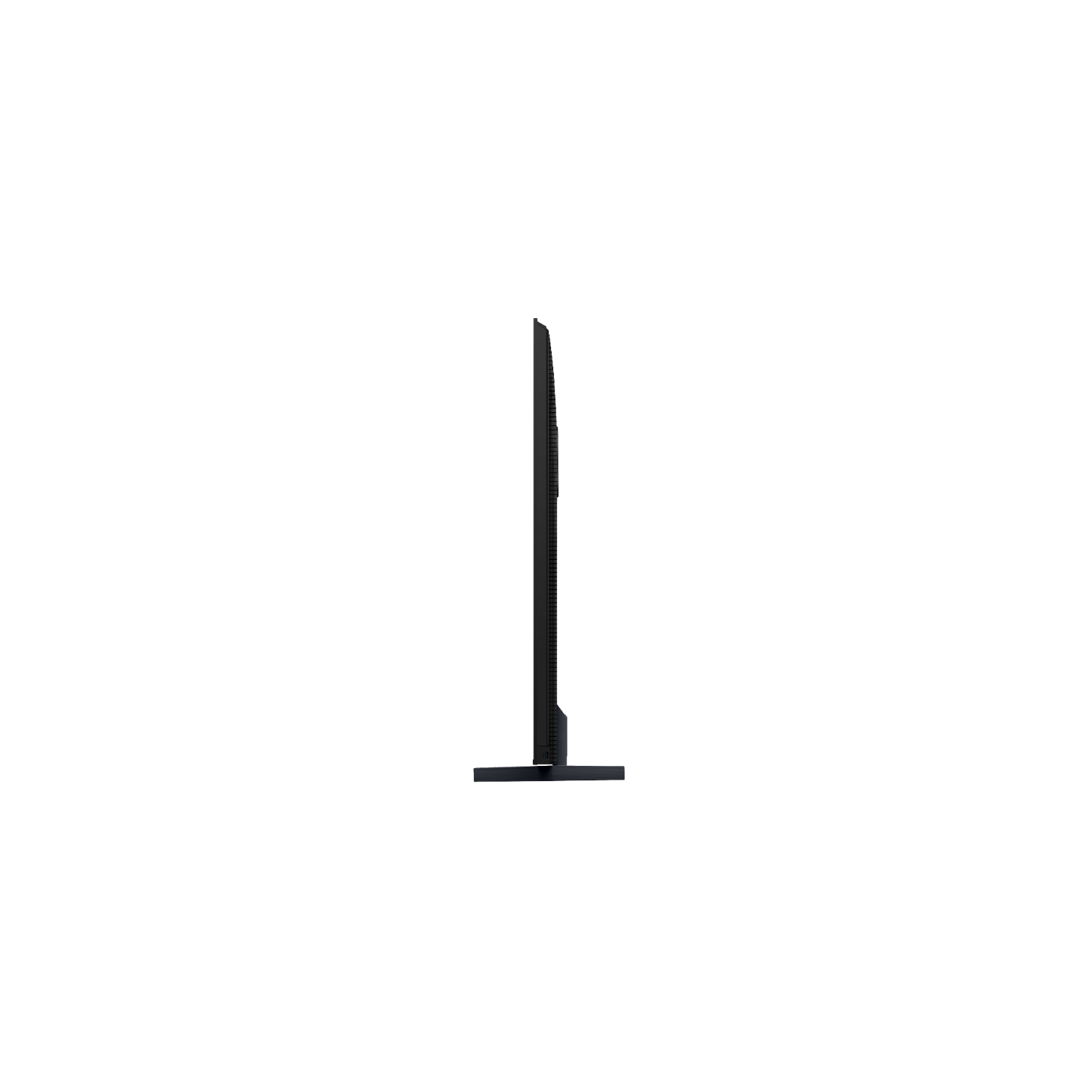 Vista laterale di una TV nera su un supporto nero su sfondo nero.