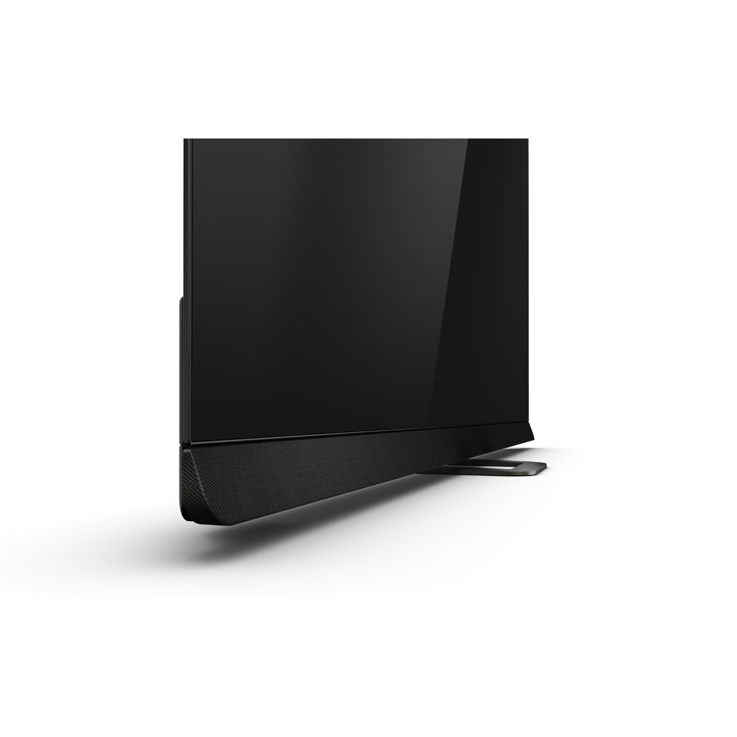 Un primer plano de una pantalla de TV negra con una barra de sonido en la parte inferior, fondo blanco.