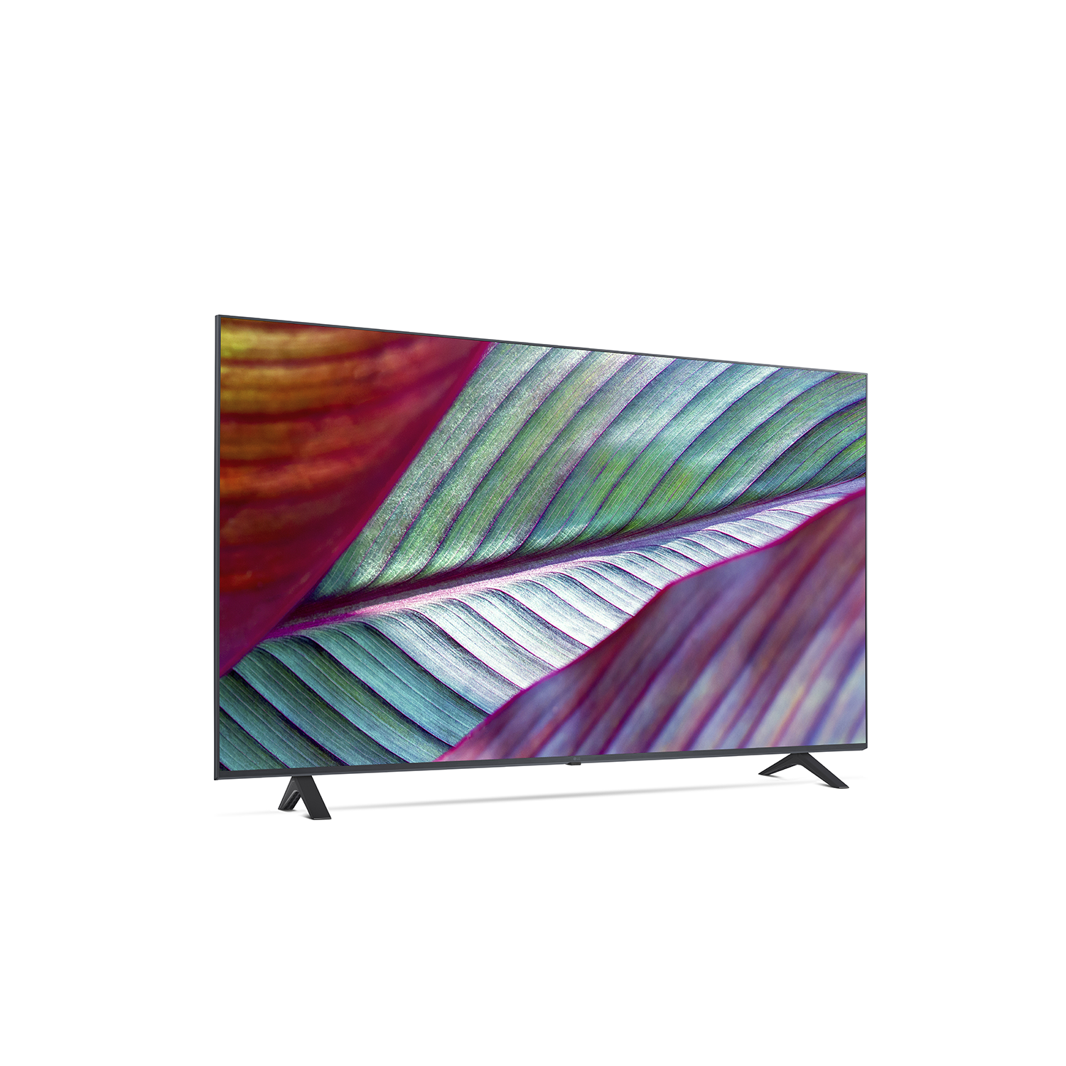 Un televisor de pantalla grande muestra un patrón de hojas abstracto y colorido sobre un fondo oscuro.