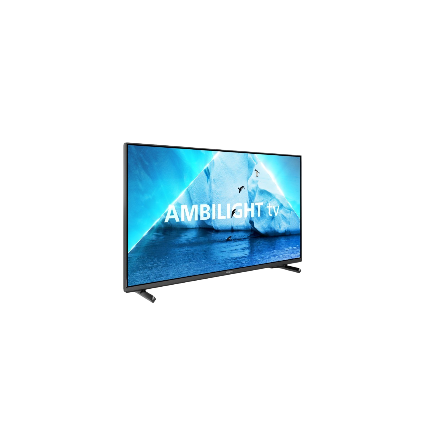 Czarny telewizor z niebiesko-białym obrazem na ekranie, na czarnym tle.