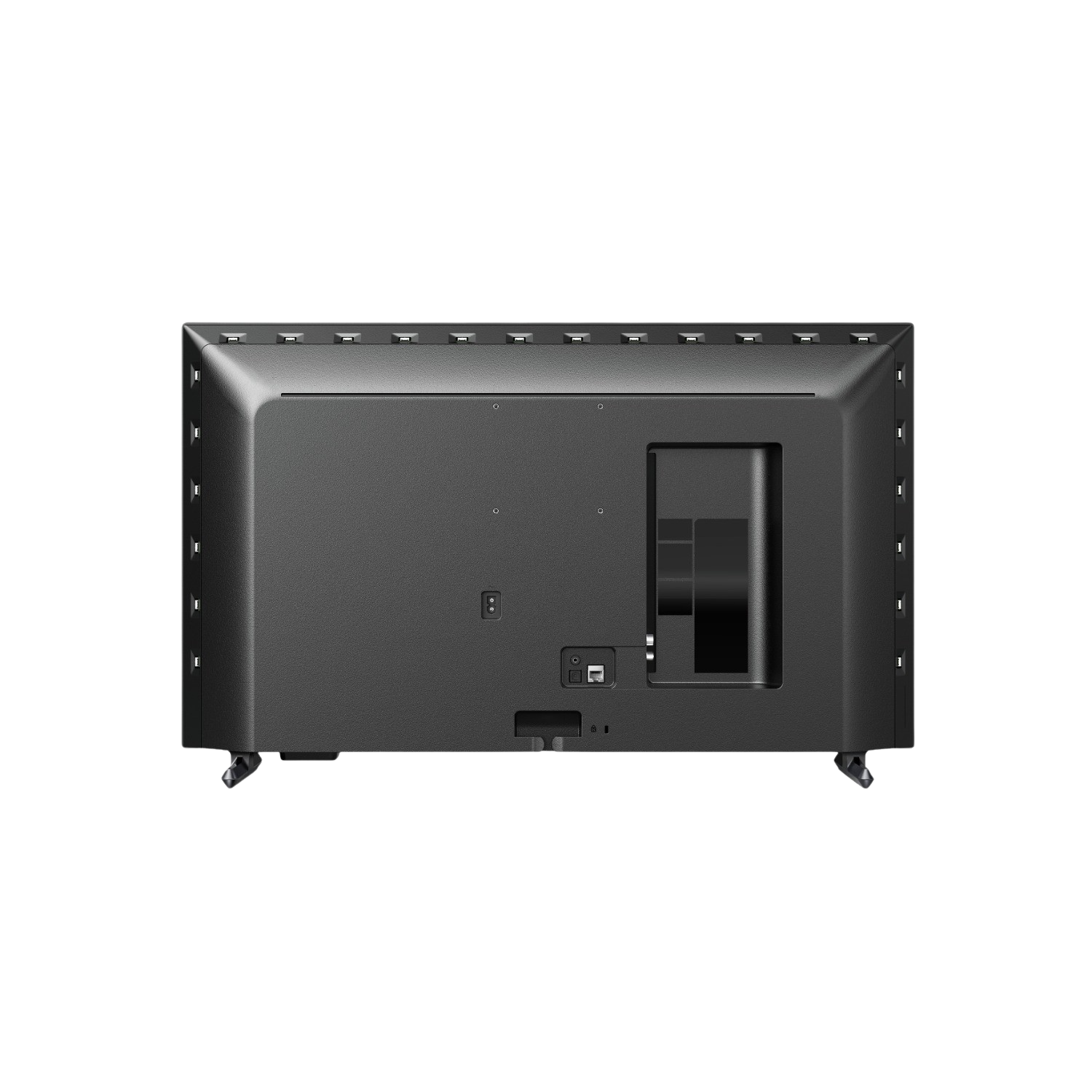 Widok z tyłu czarnego, nowoczesnego telewizora, pokazujący porty i stojak.