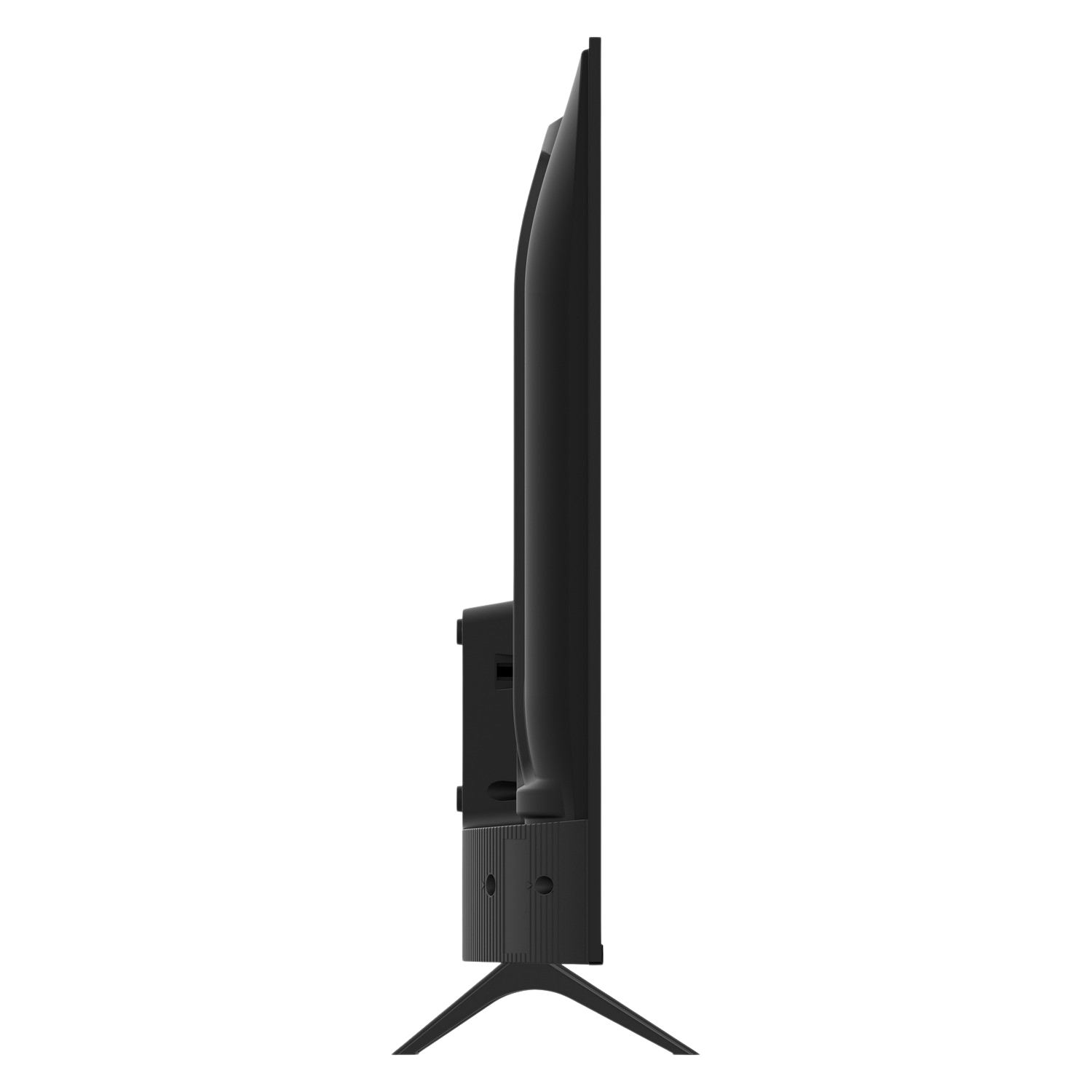 Vista lateral de un televisor negro y elegante. Diseño minimalista con soporte.