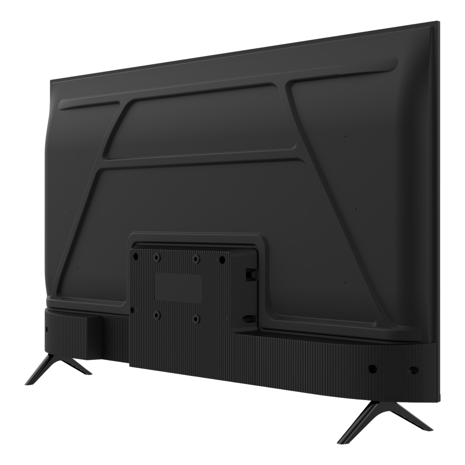 La parte trasera de un televisor negro, con soporte y puertos de conexión.