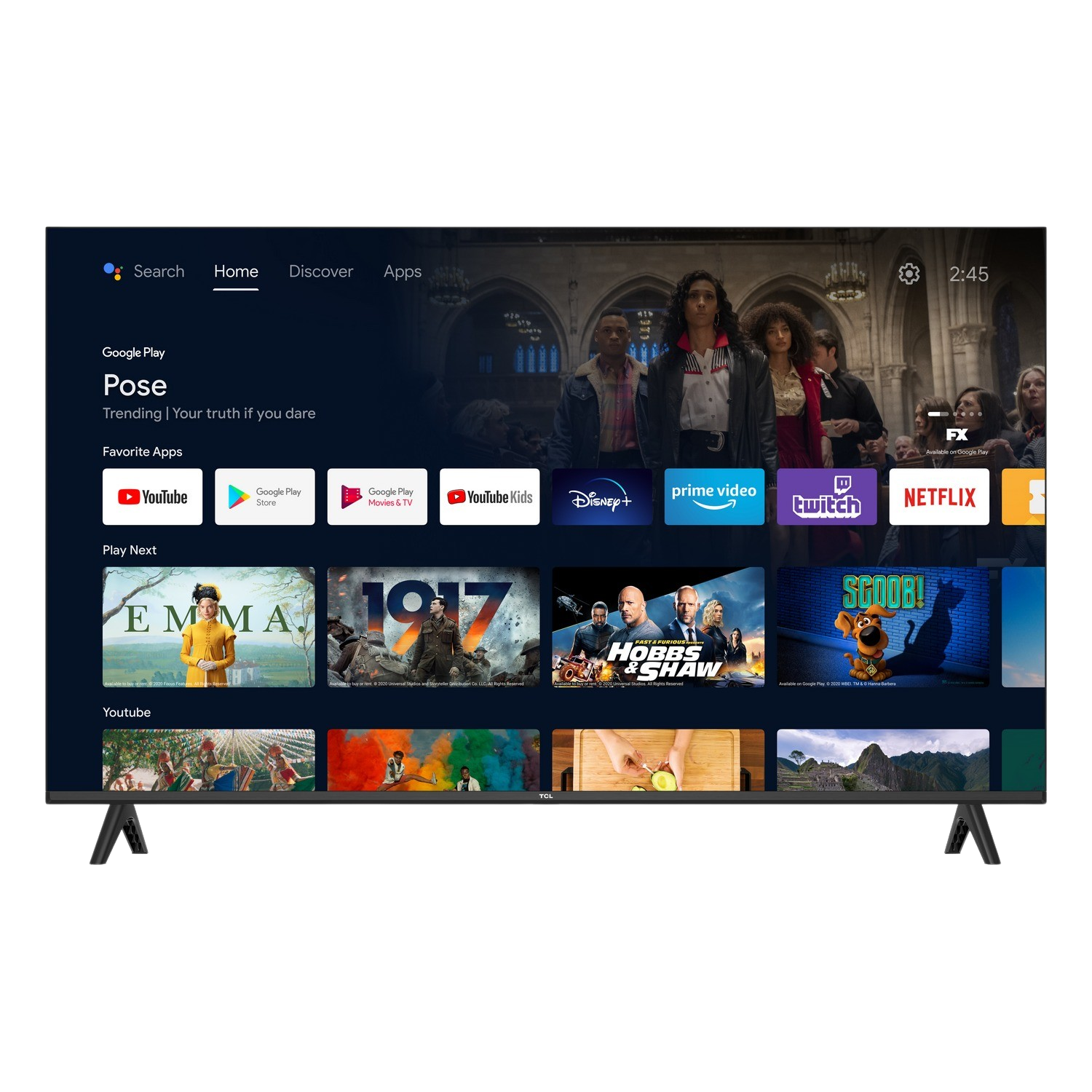Un televisor de pantalla plana muestra una pantalla de inicio con iconos de aplicaciones y una película.