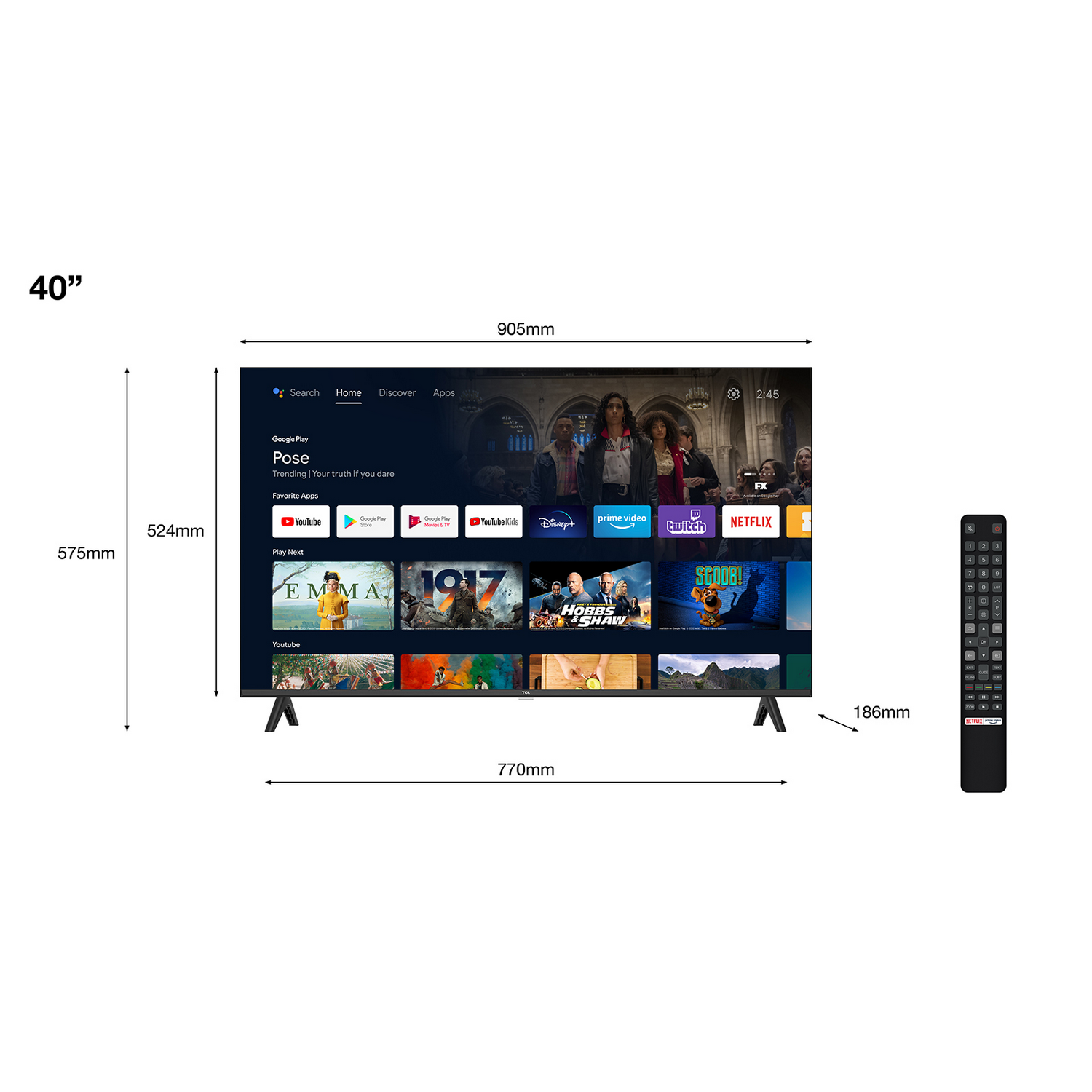 Un televisor de 40" que muestra una pantalla de menú, con dimensiones y mando a distancia.