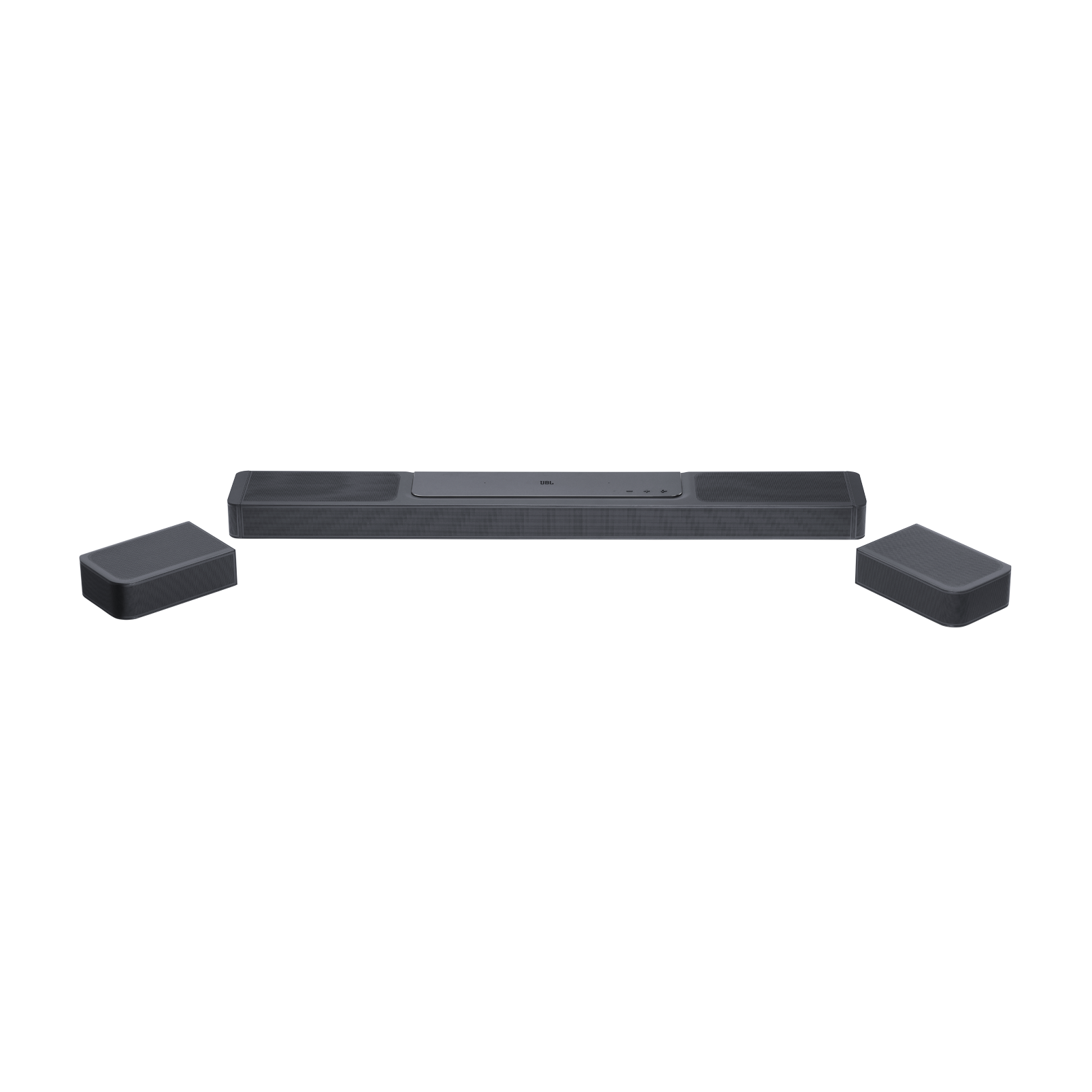 Yanlarda iki küçük hoparlör bulunan uzun, koyu gri bir soundbar.