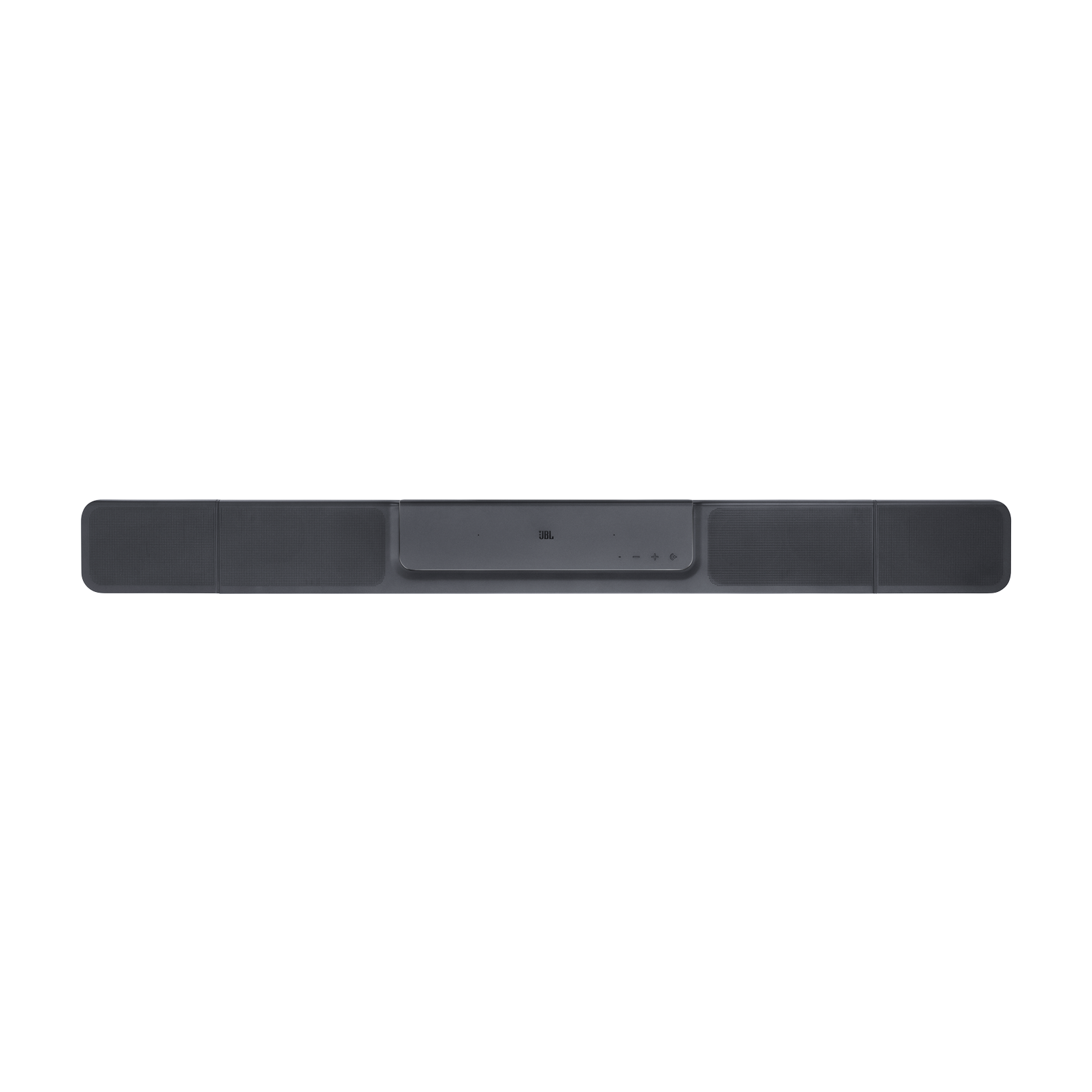Koyu gri renkte bir JBL soundbar, merkezi bir kontrol paneli ve her iki uçta hoparlörlerle.