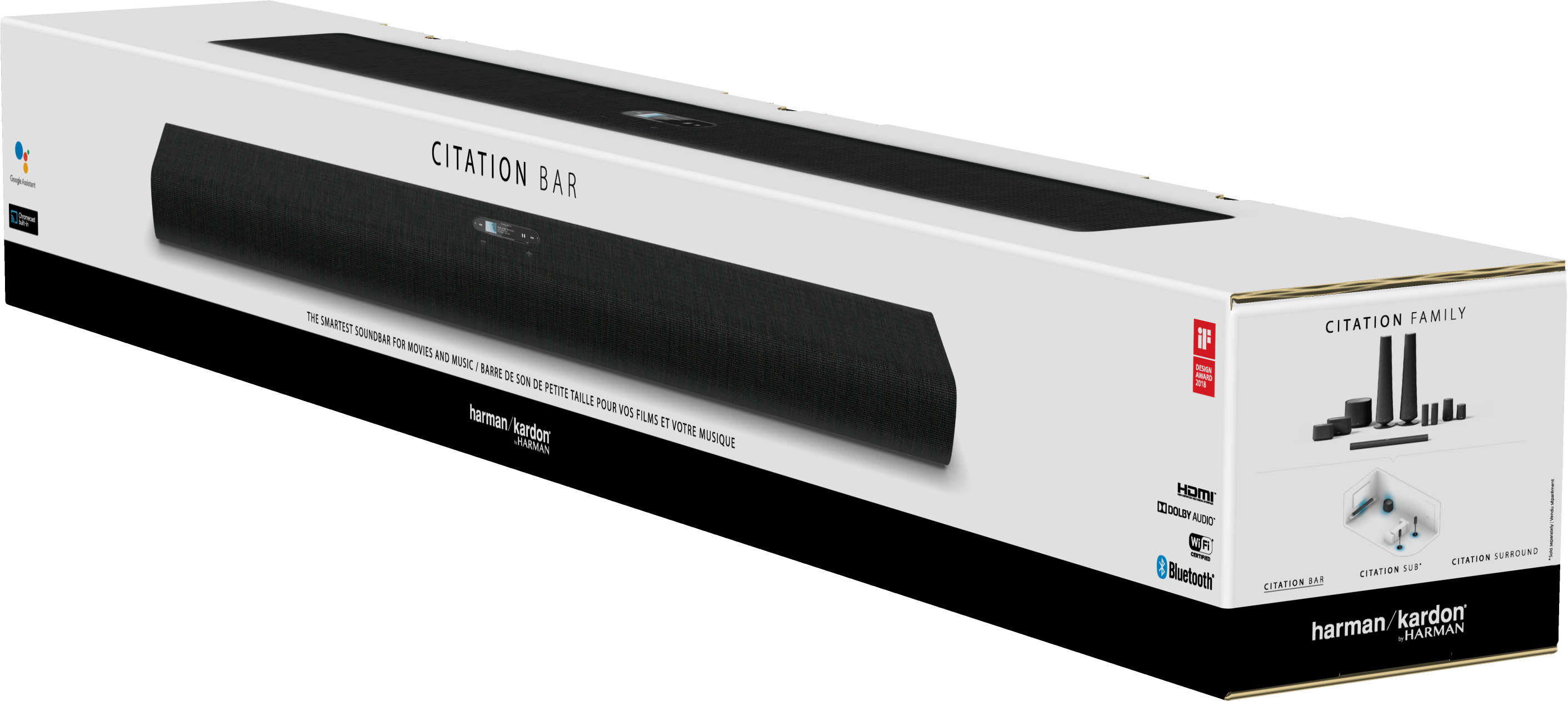 Soundbar nera Harman/Kardon Citation Bar nella sua scatola, con accessori a destra.