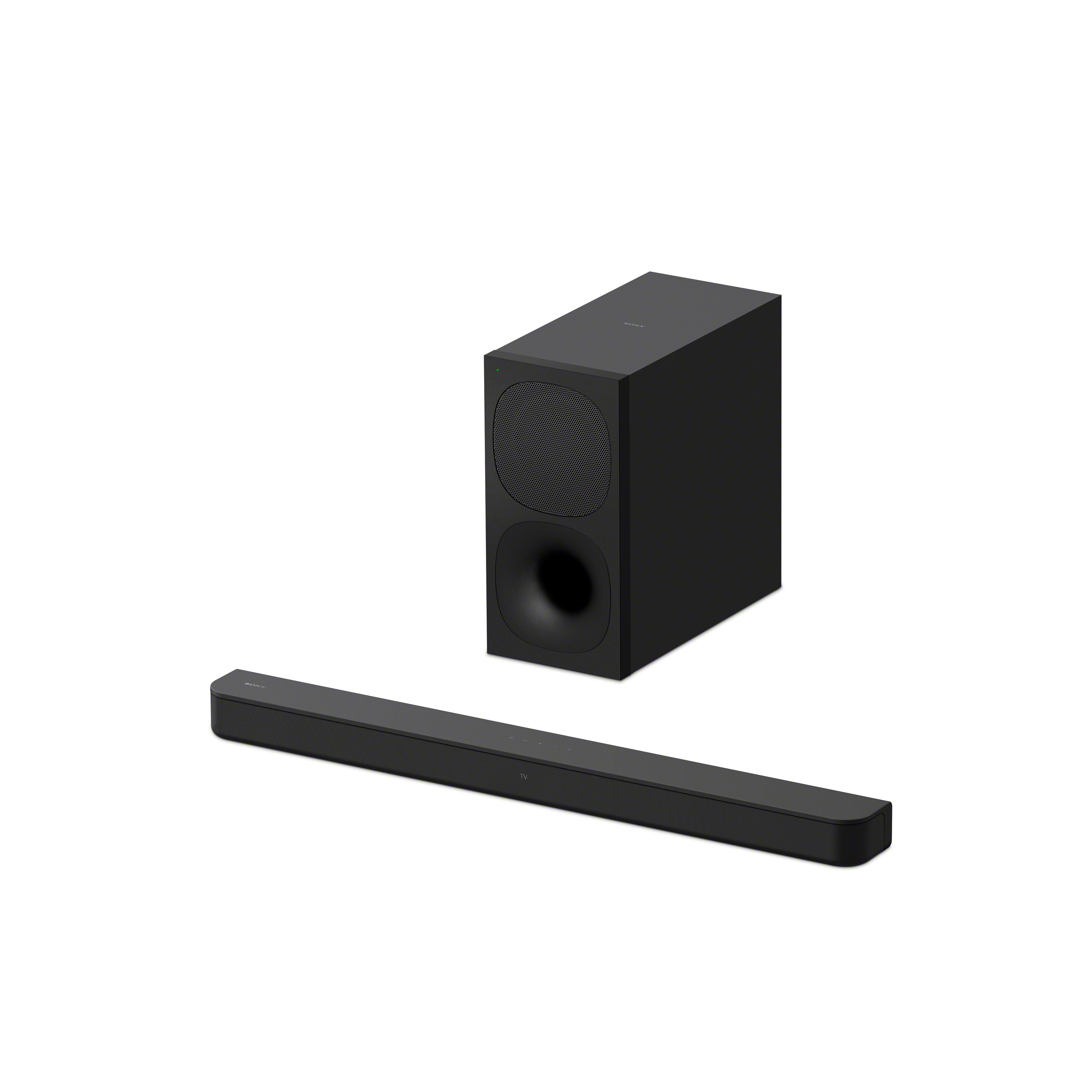 Schwarzes Sony Soundbar- und Subwoofer-Set auf weißem Hintergrund. Die Soundbar ist lang und dünn.